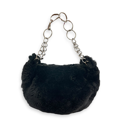 Vintage Black Shoulder Bag in Faux Fur, Silver hardware