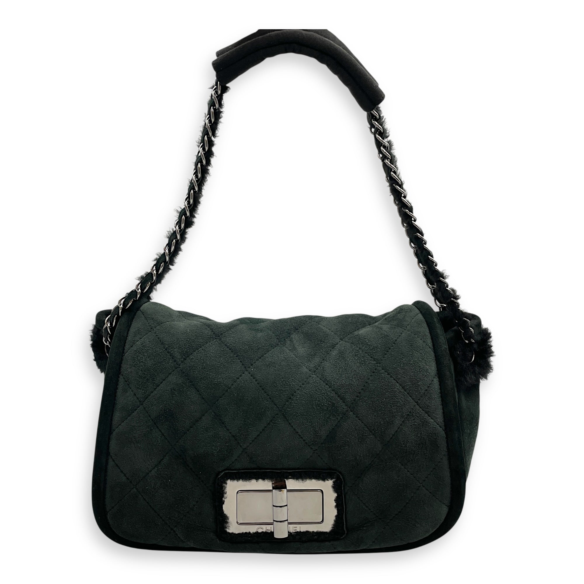 Quilted Shearling Mademoiselle Lock Dark Green Shoulder Bag in Nubuck Silver hardware CL2506-13480 10