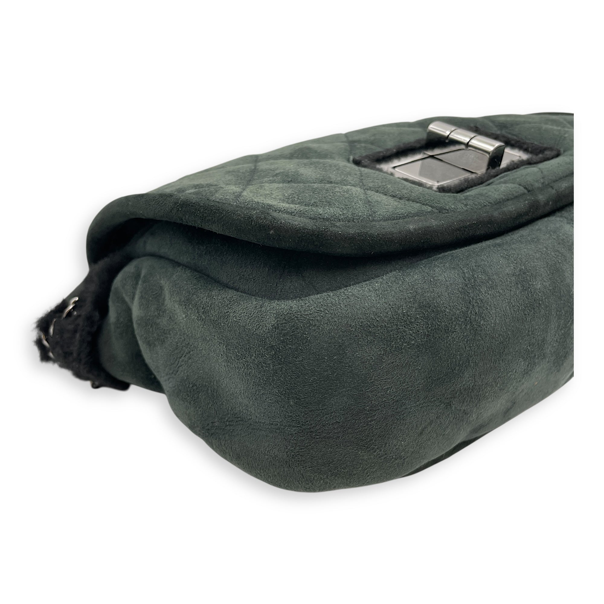 Quilted Shearling Mademoiselle Lock Dark Green Shoulder Bag in Nubuck, Silver hardware