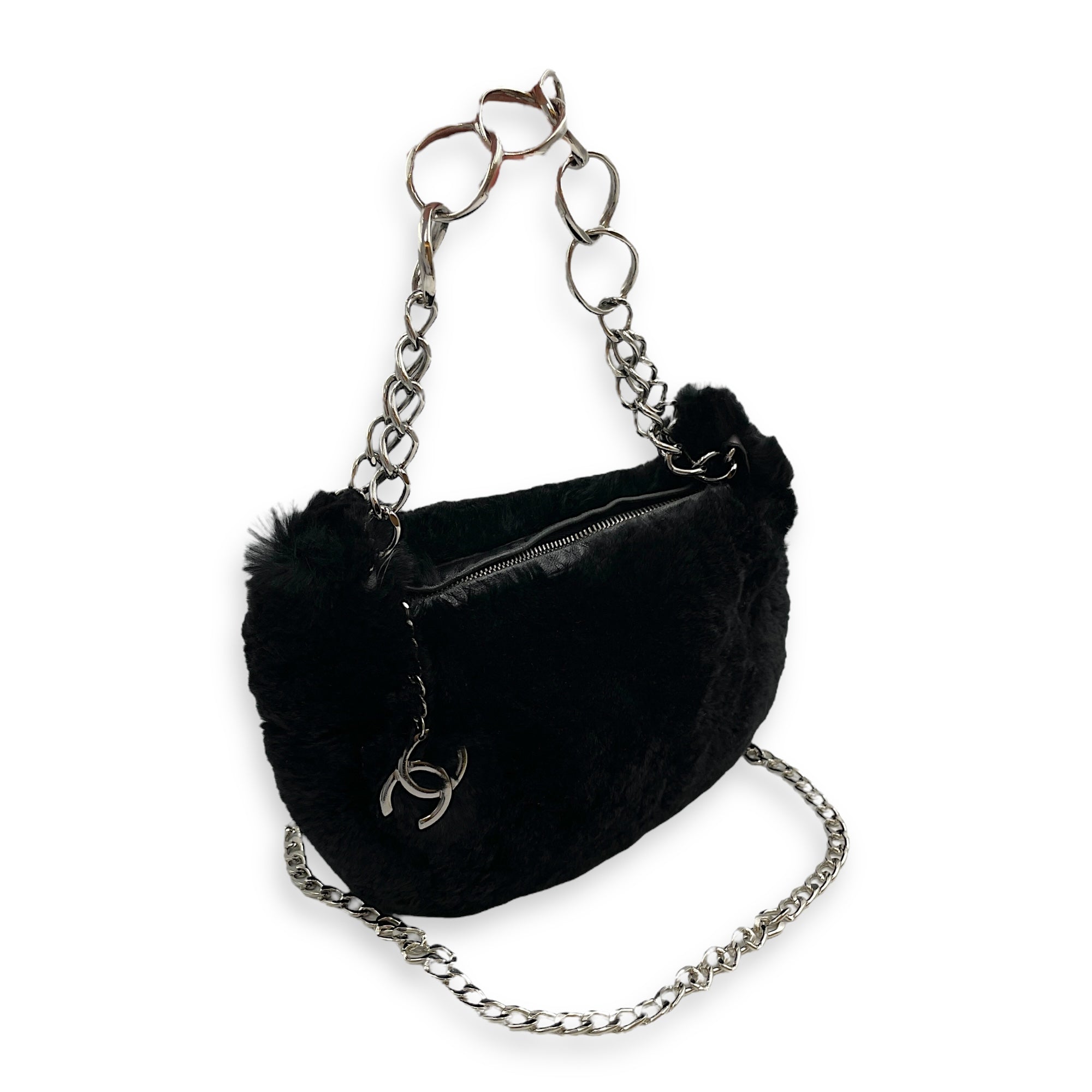 Vintage Black Shoulder Bag in Faux Fur, Silver hardware