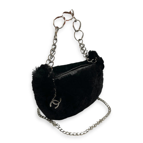 Vintage Black Shoulder Bag in Faux Fur, Silver hardware