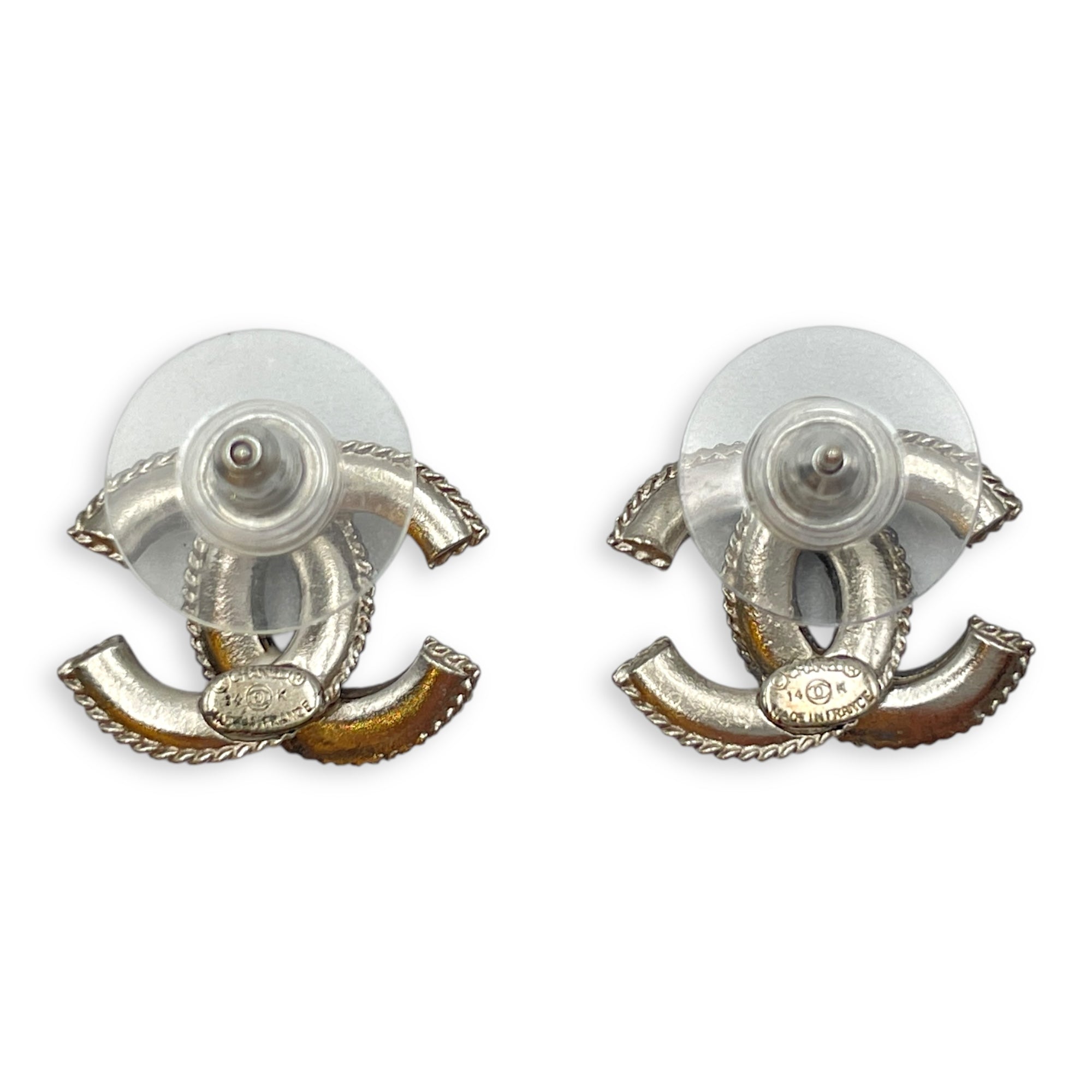 CC logo stud with diamonds Silver Earrings, Brushed Palladium hardware