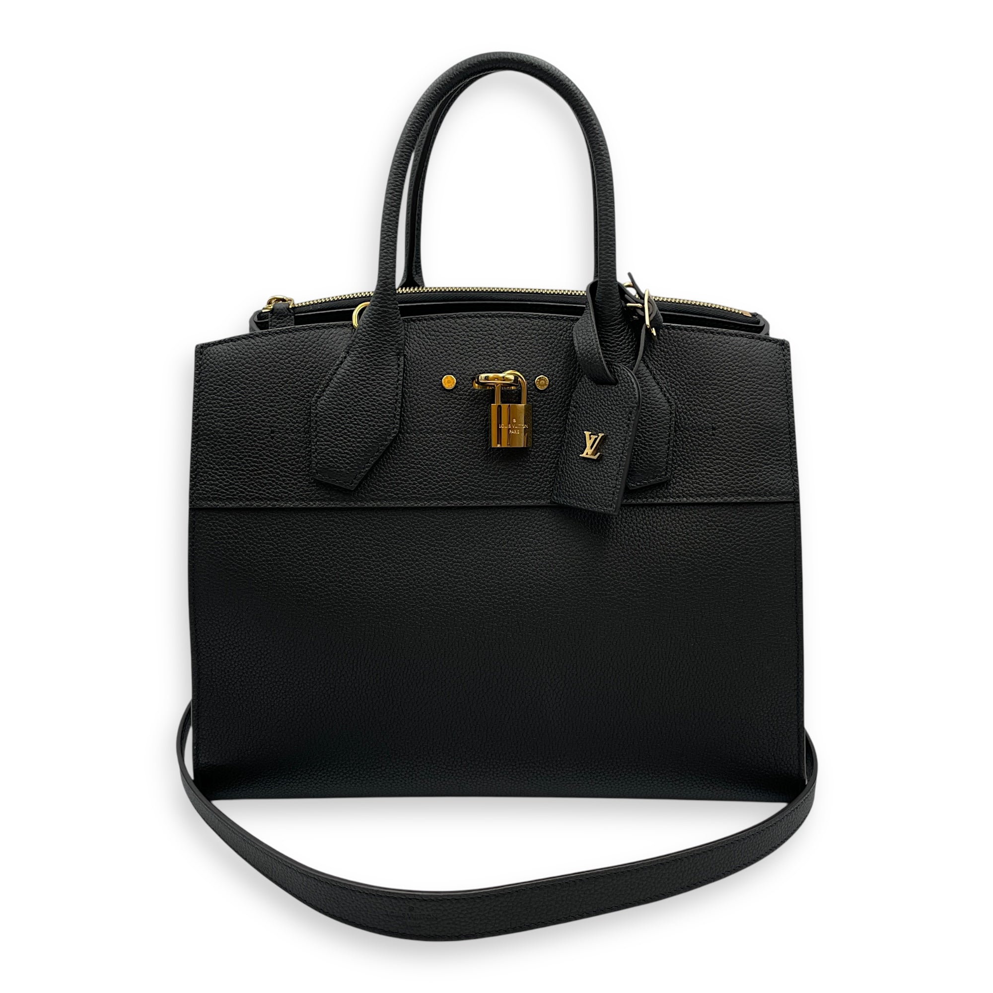 City steamer MM Black Top Handle Bag in Calfskin, Gold hardware