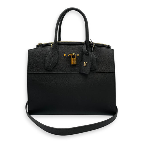 City steamer MM Black Top Handle Bag in Calfskin, Gold hardware