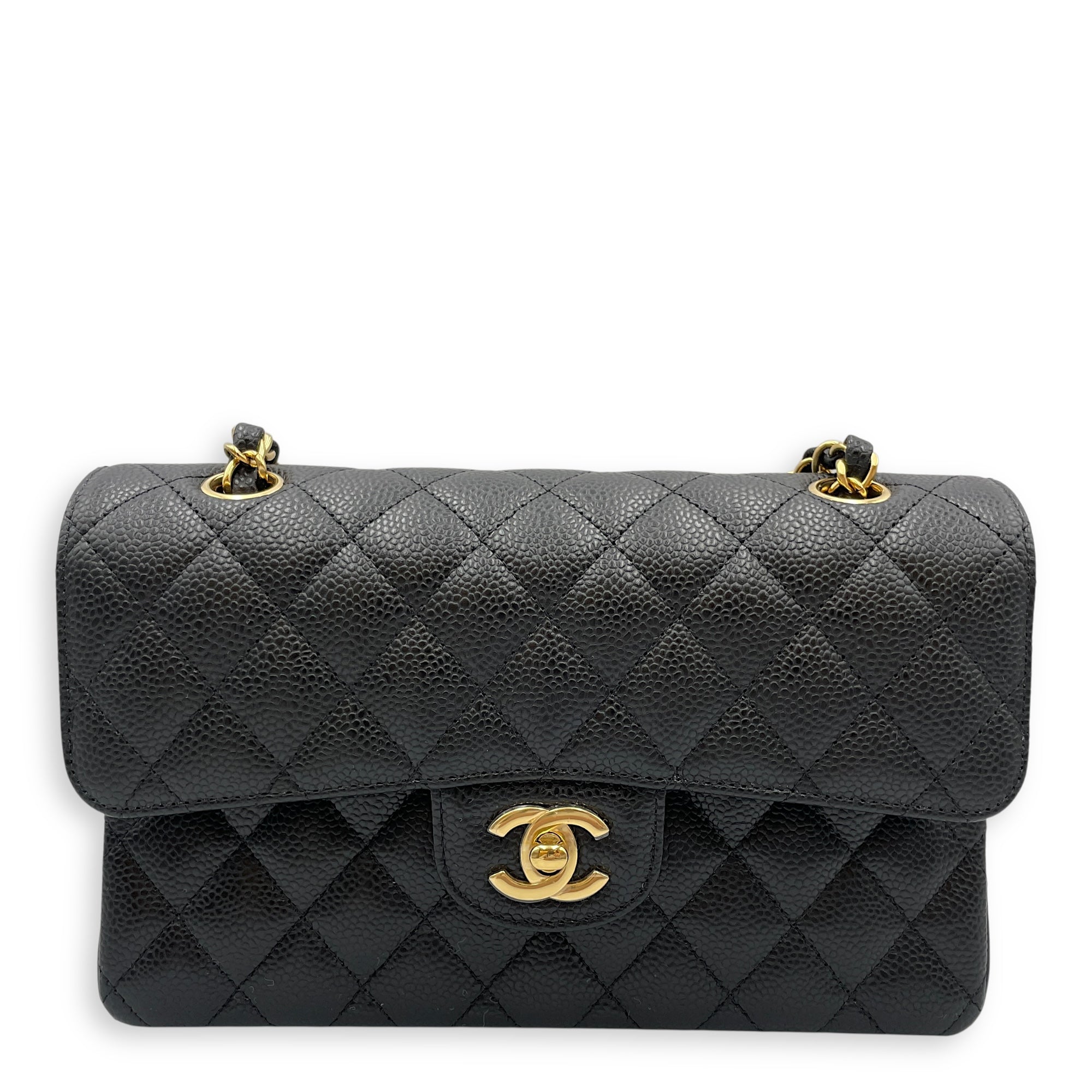 Classic double flap Black Shoulder Bag in Caviar Leather, Gold hardware