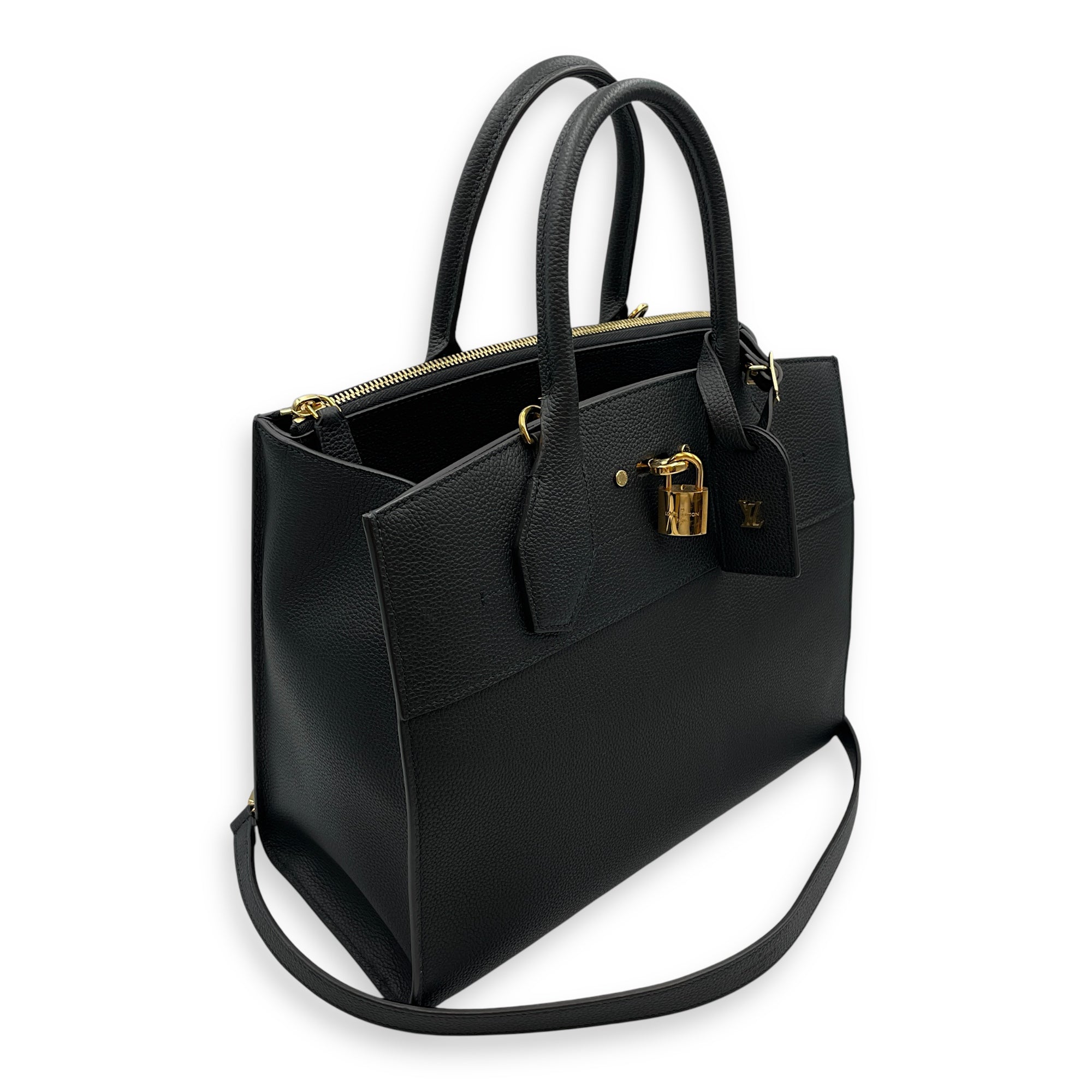 City steamer MM Black Top Handle Bag in Calfskin, Gold hardware