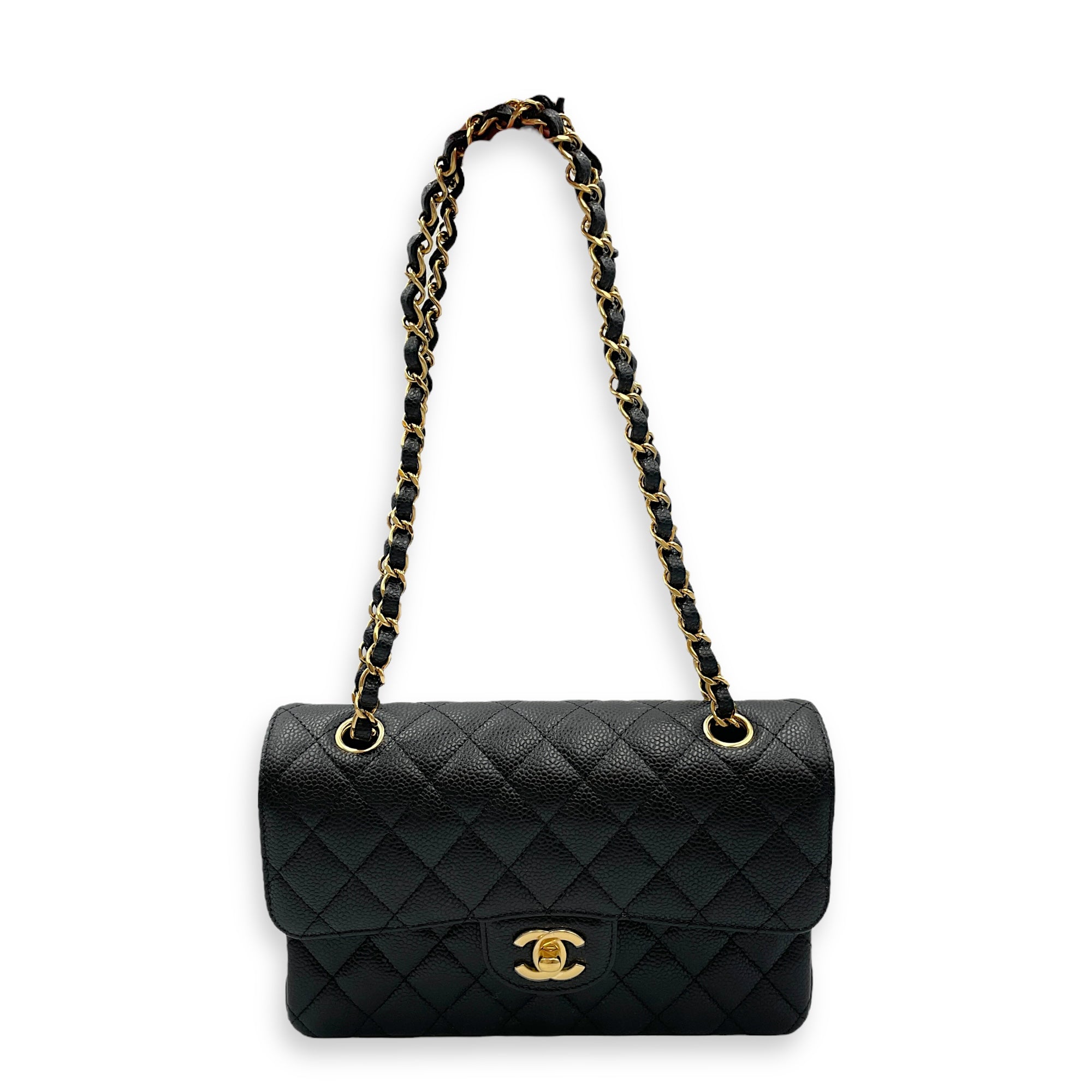 Classic double flap Black Shoulder Bag in Caviar Leather, Gold hardware