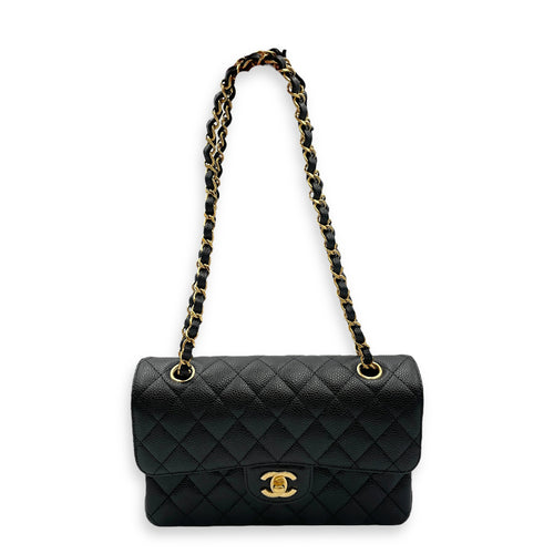 Classic double flap Black Shoulder Bag in Caviar Leather, Gold hardware
