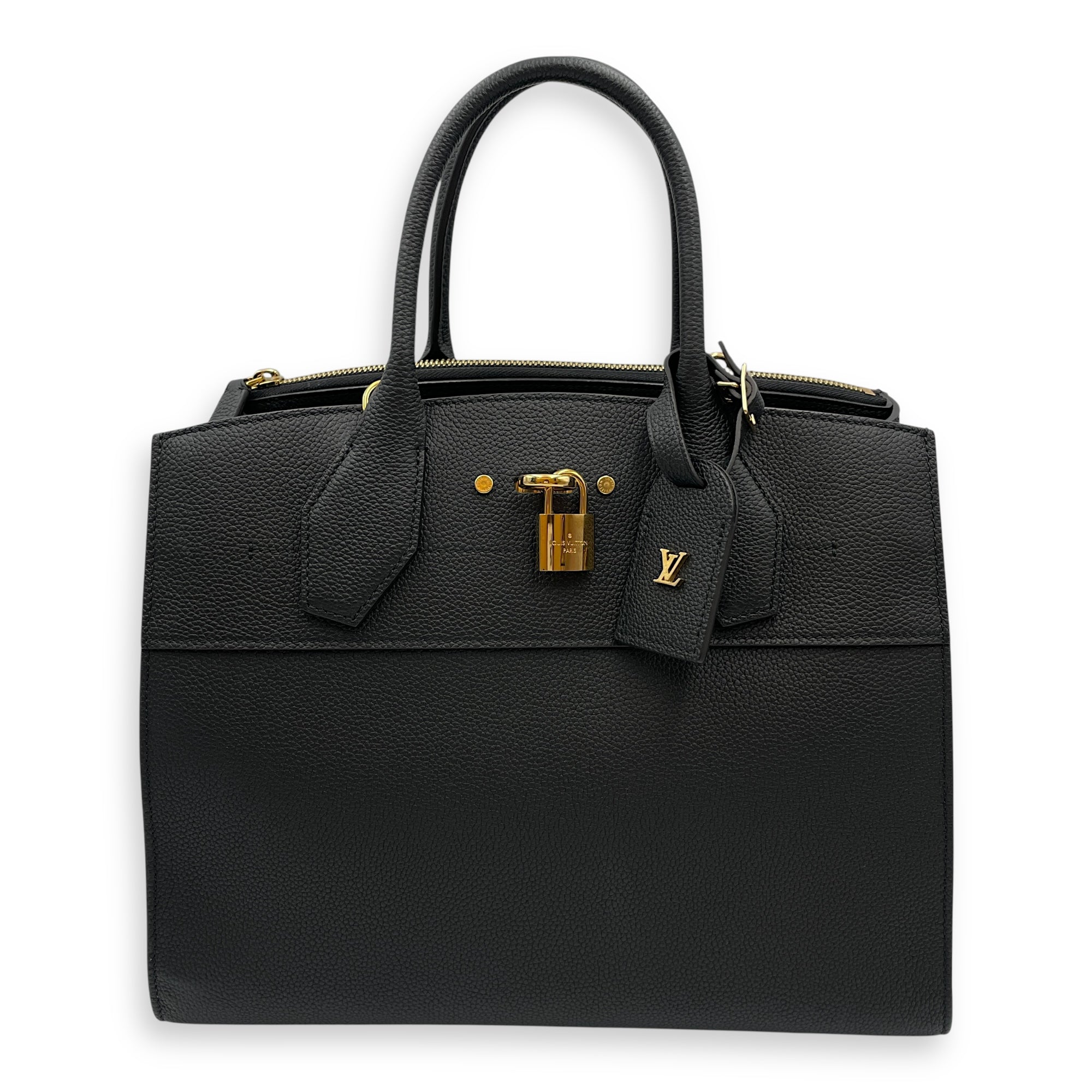 City steamer MM Black Top Handle Bag in Calfskin, Gold hardware