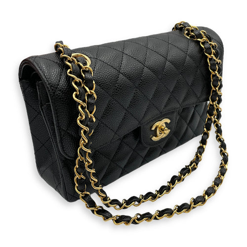 Classic double flap Black Shoulder Bag in Caviar Leather, Gold hardware
