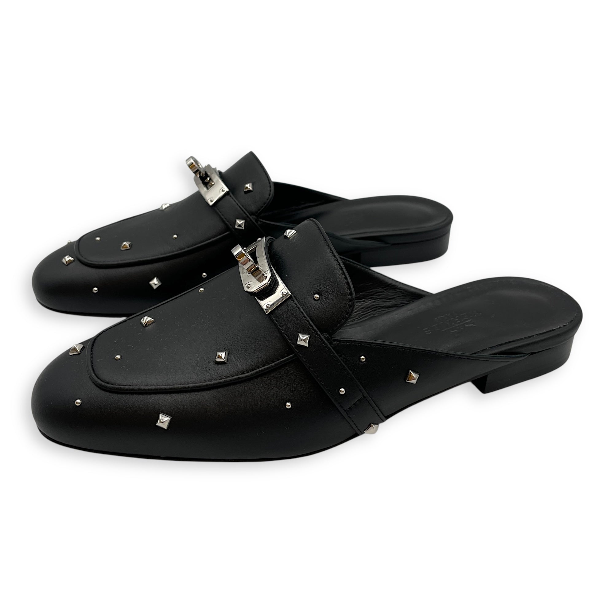Oz Mule 36 Black Sandals in Calfskin, Palladium hardware