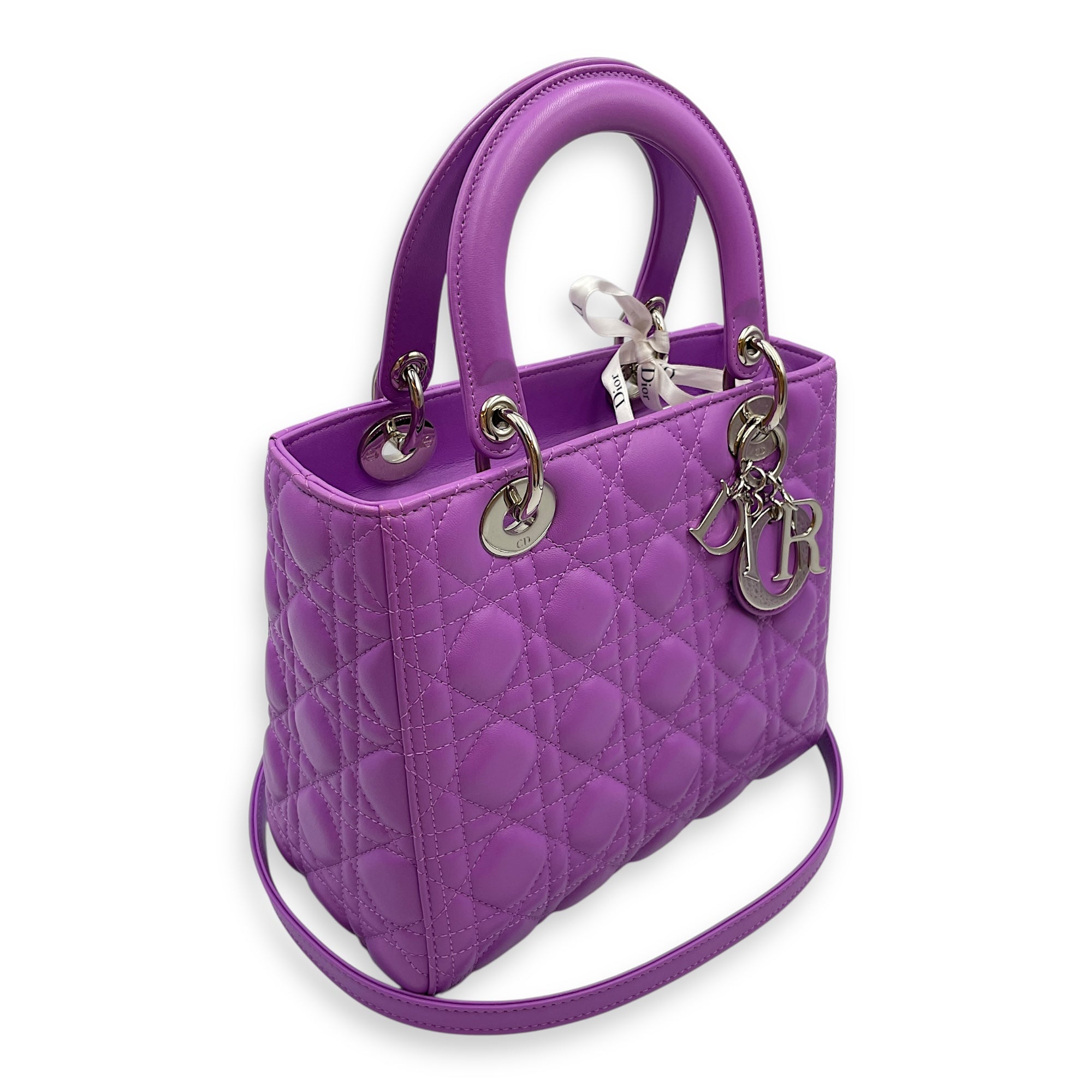 Lady Dior Medium Purple Top Handle Bag in Lambskin, Silver hardware