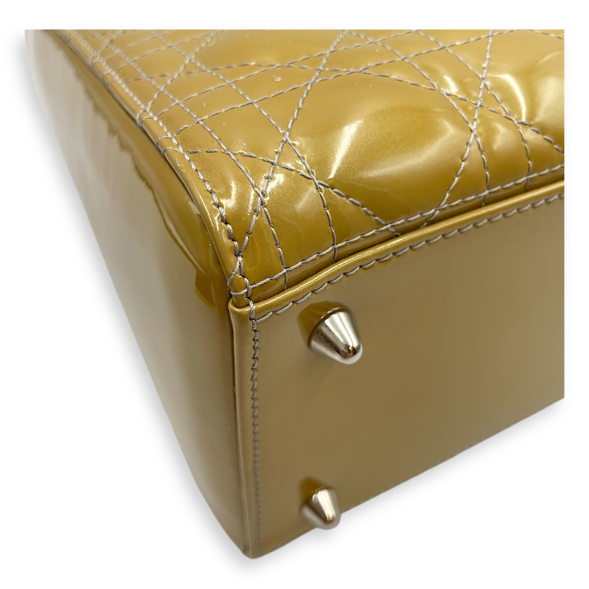 Lady Dior Medium Yellow Top Handle Bag in Patent Leather, Silver hardware