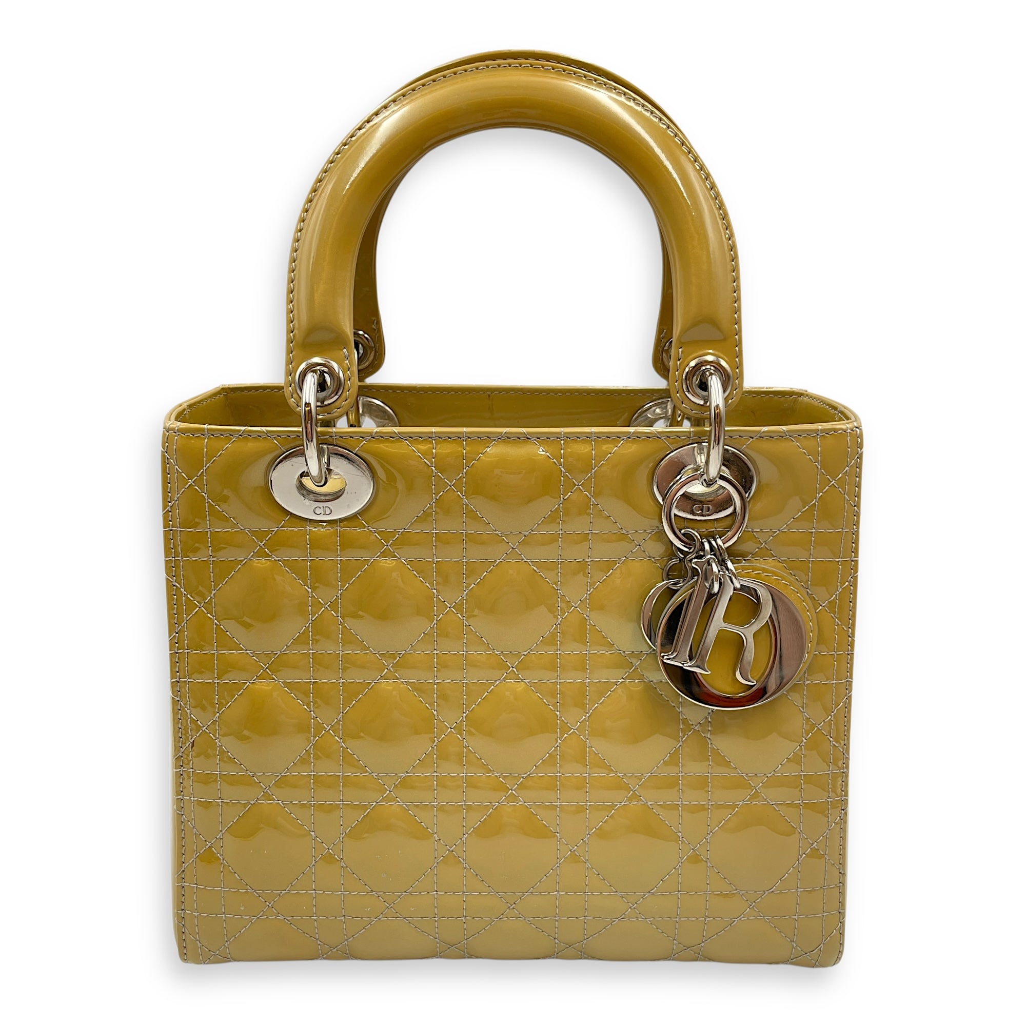 Lady Dior Medium Yellow Top Handle Bag in Patent Leather, Silver hardware