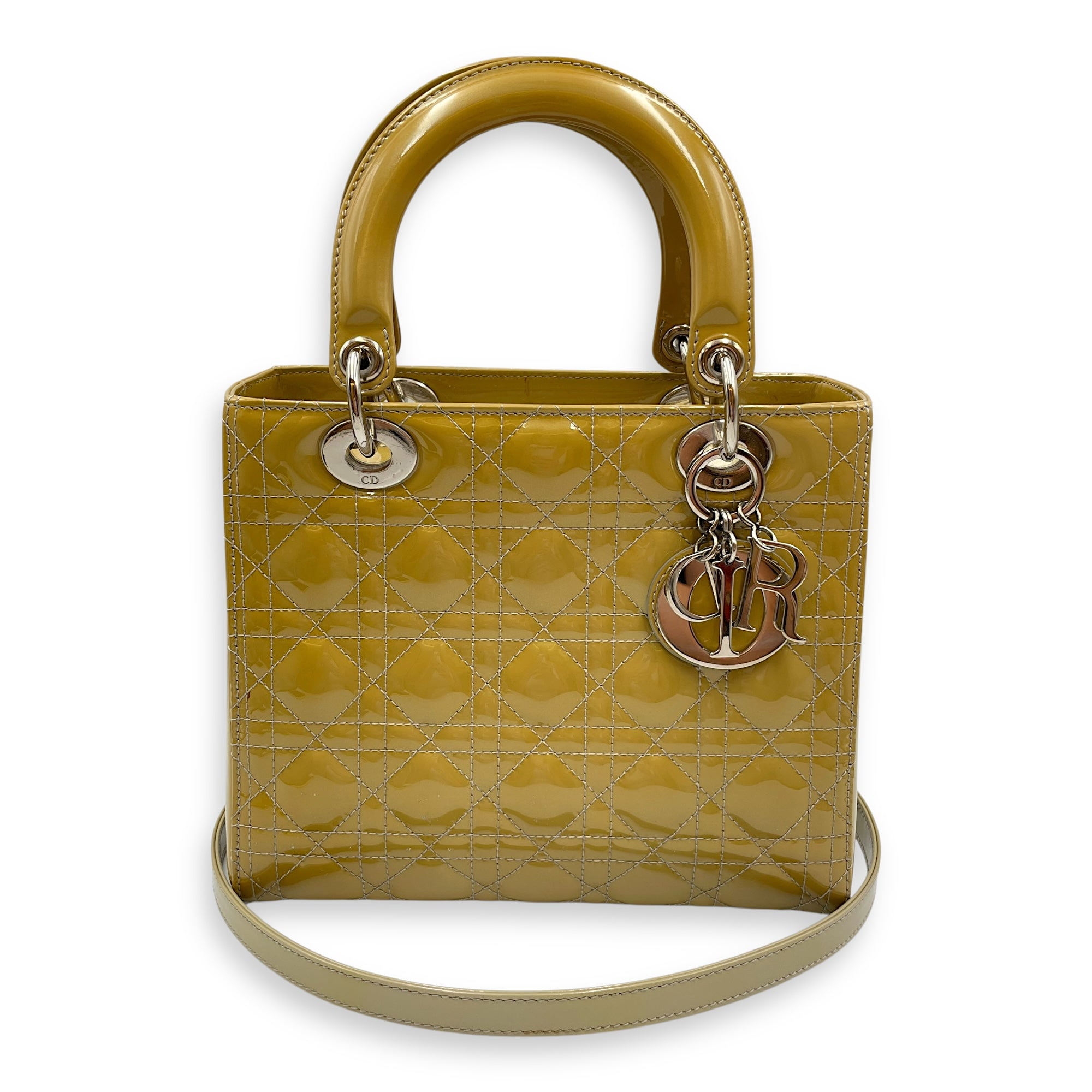 Lady Dior Medium Yellow Top Handle Bag in Patent Leather, Silver hardware