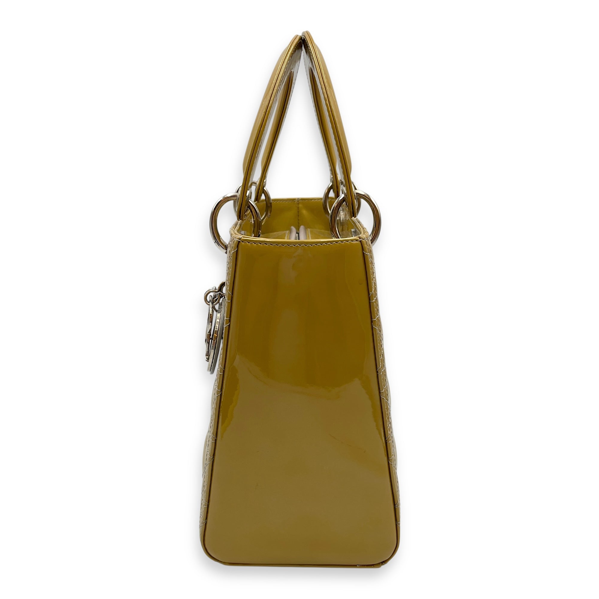 Lady Dior Medium Yellow Top Handle Bag in Patent Leather, Silver hardware