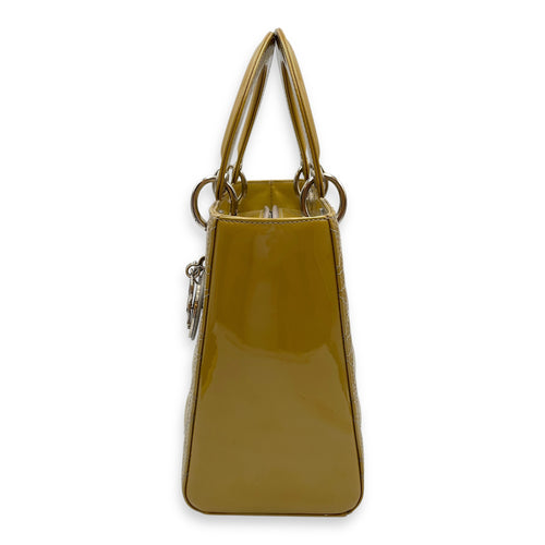 Lady Dior Medium Yellow Top Handle Bag in Patent Leather, Silver hardware