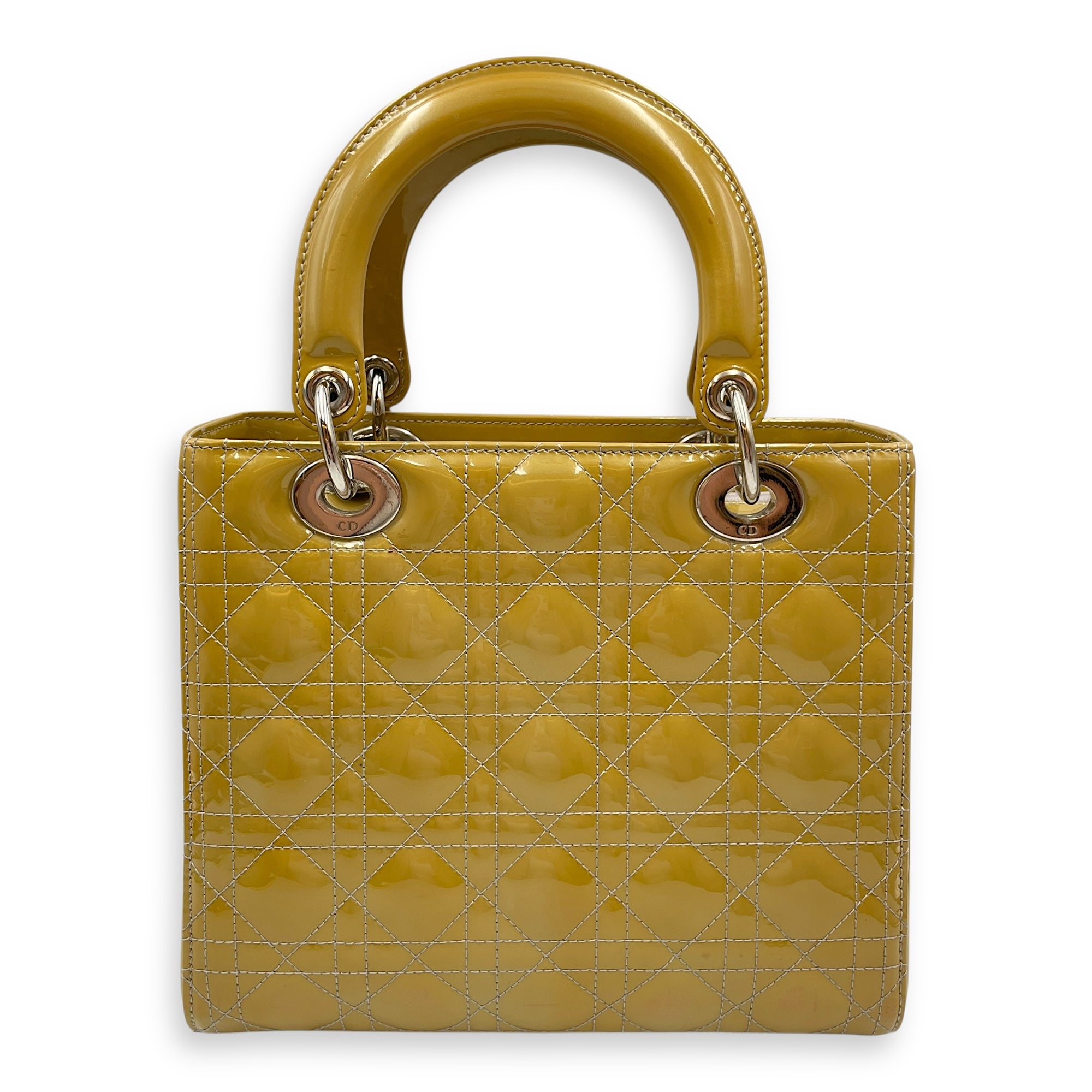 Lady Dior Medium Yellow Top Handle Bag in Patent Leather, Silver hardware
