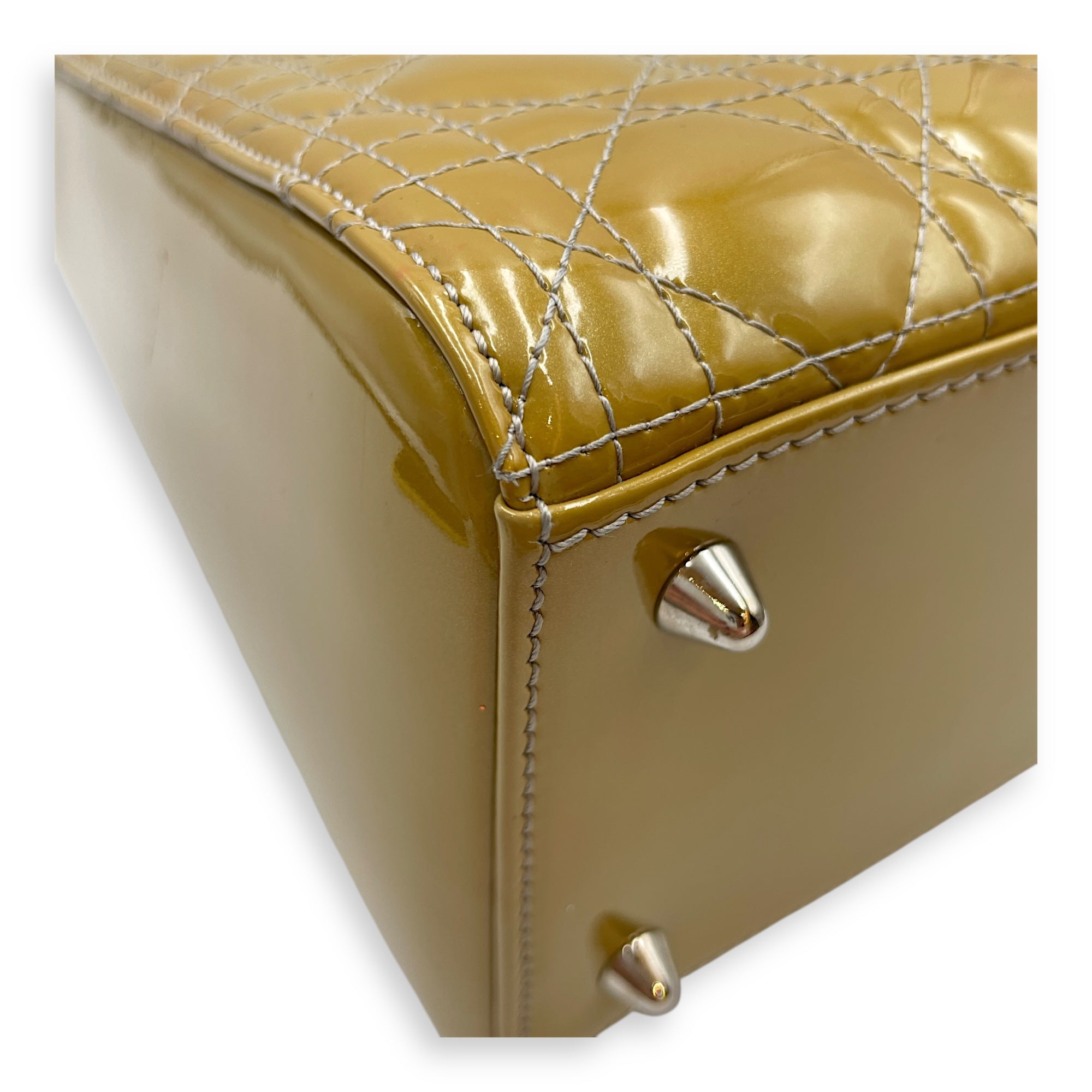 Lady Dior Medium Yellow Top Handle Bag in Patent Leather, Silver hardware