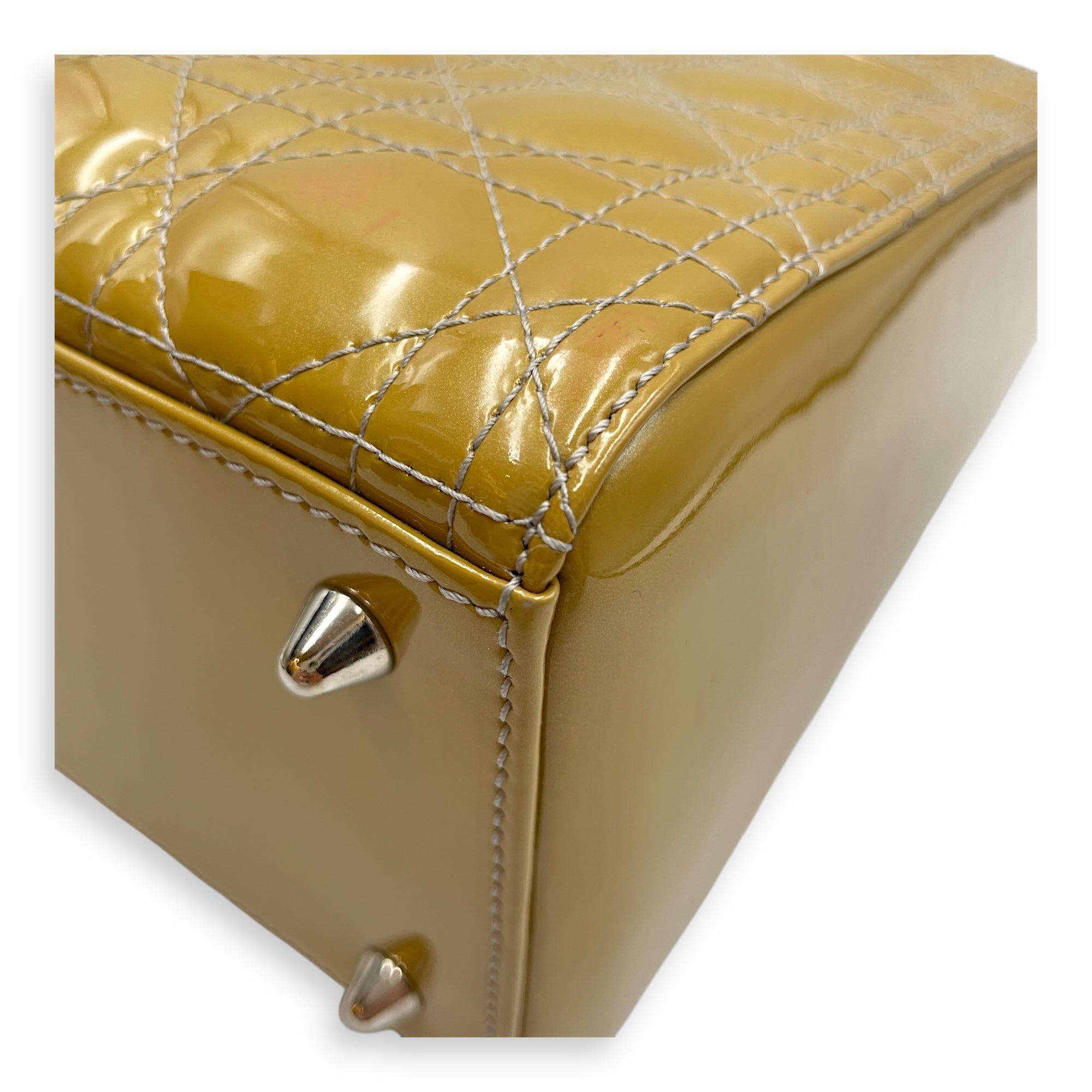 Lady Dior Medium Yellow Top Handle Bag in Patent Leather, Silver hardware