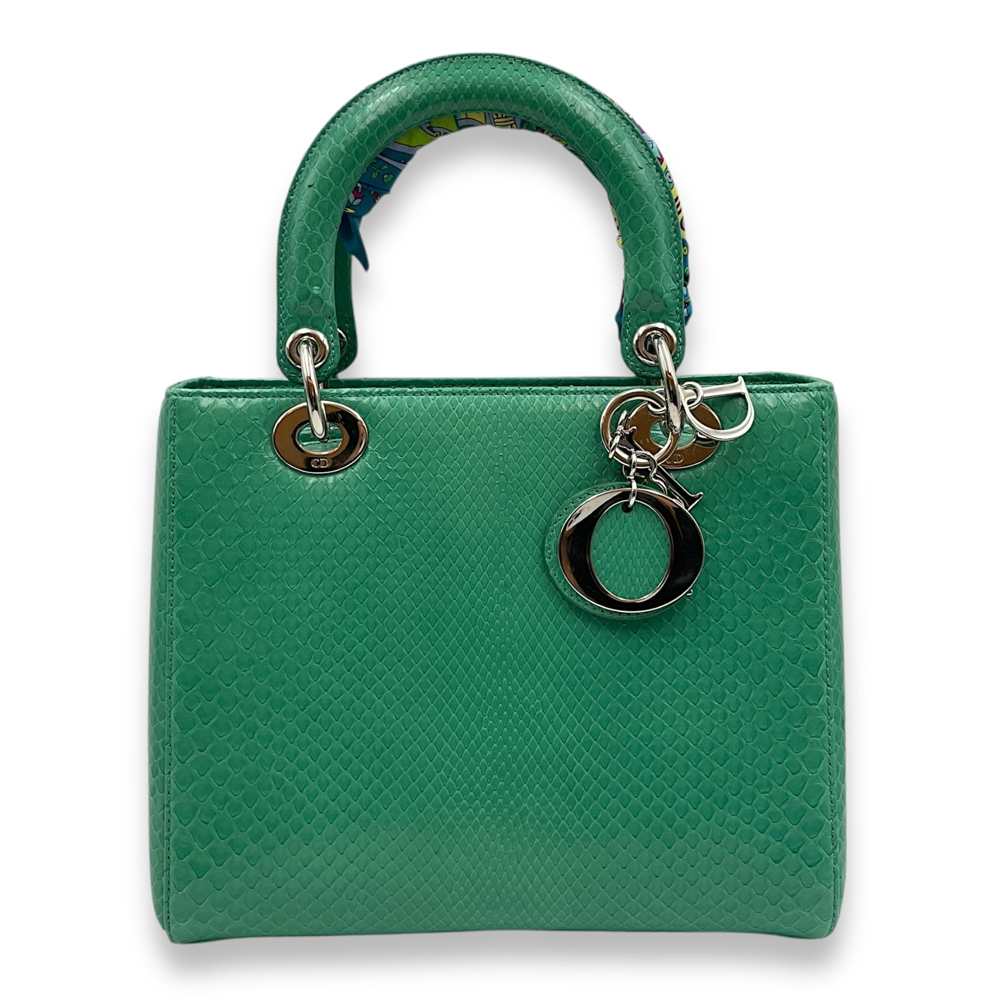 Lady Dior Medium Green Top Handle Bag in Python, Silver hardware