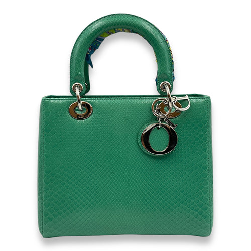 Lady Dior Medium Green Top Handle Bag in Python, Silver hardware