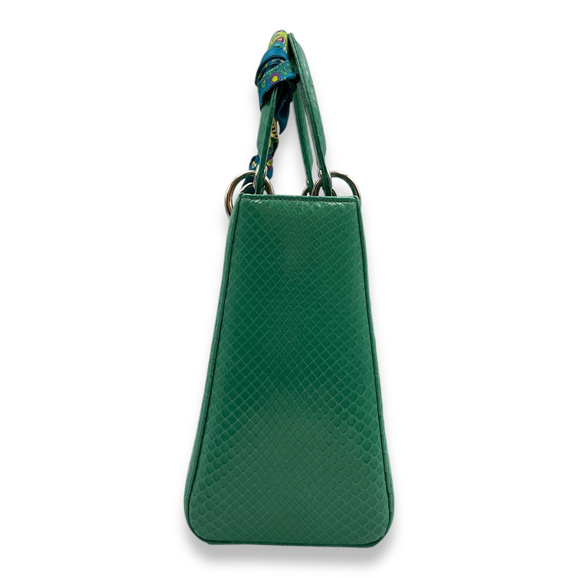 Lady Dior Medium Green Top Handle Bag in Python, Silver hardware