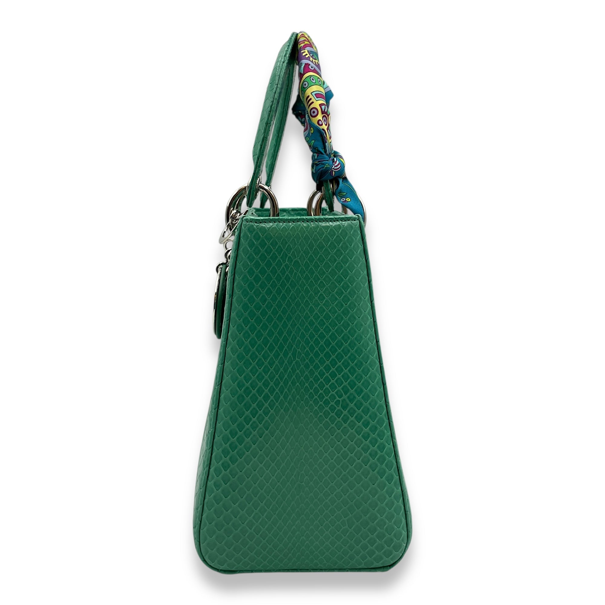 Lady Dior Medium Green Top Handle Bag in Python, Silver hardware