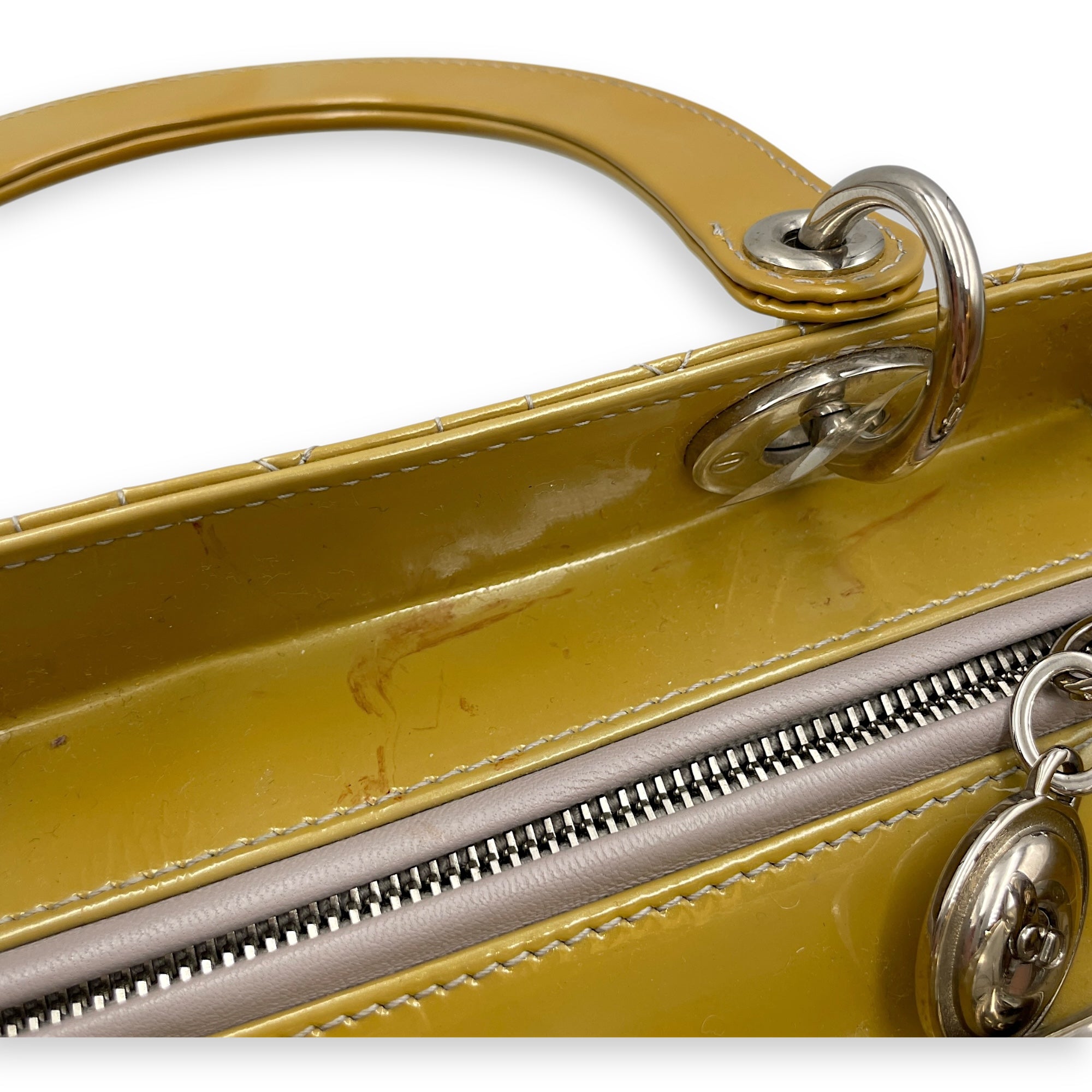 Lady Dior Medium Yellow Top Handle Bag in Patent Leather, Silver hardware