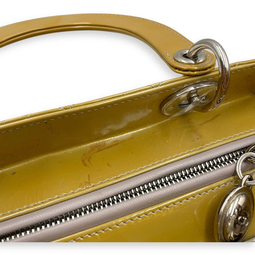 Lady Dior Medium Yellow Top Handle Bag in Patent Leather, Silver hardware
