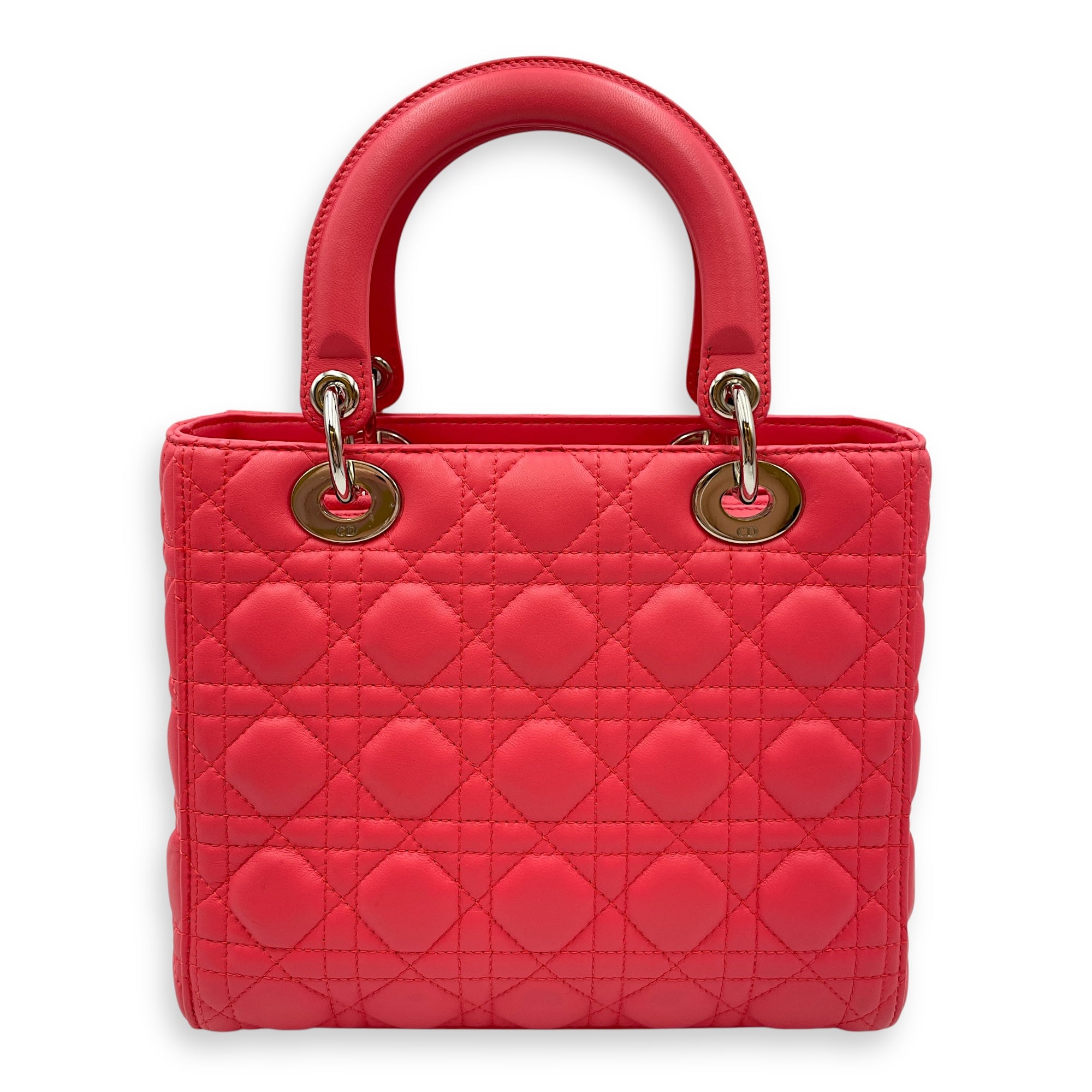 Lady Dior Medium Pink Top Handle Bag in Lambskin, Silver hardware