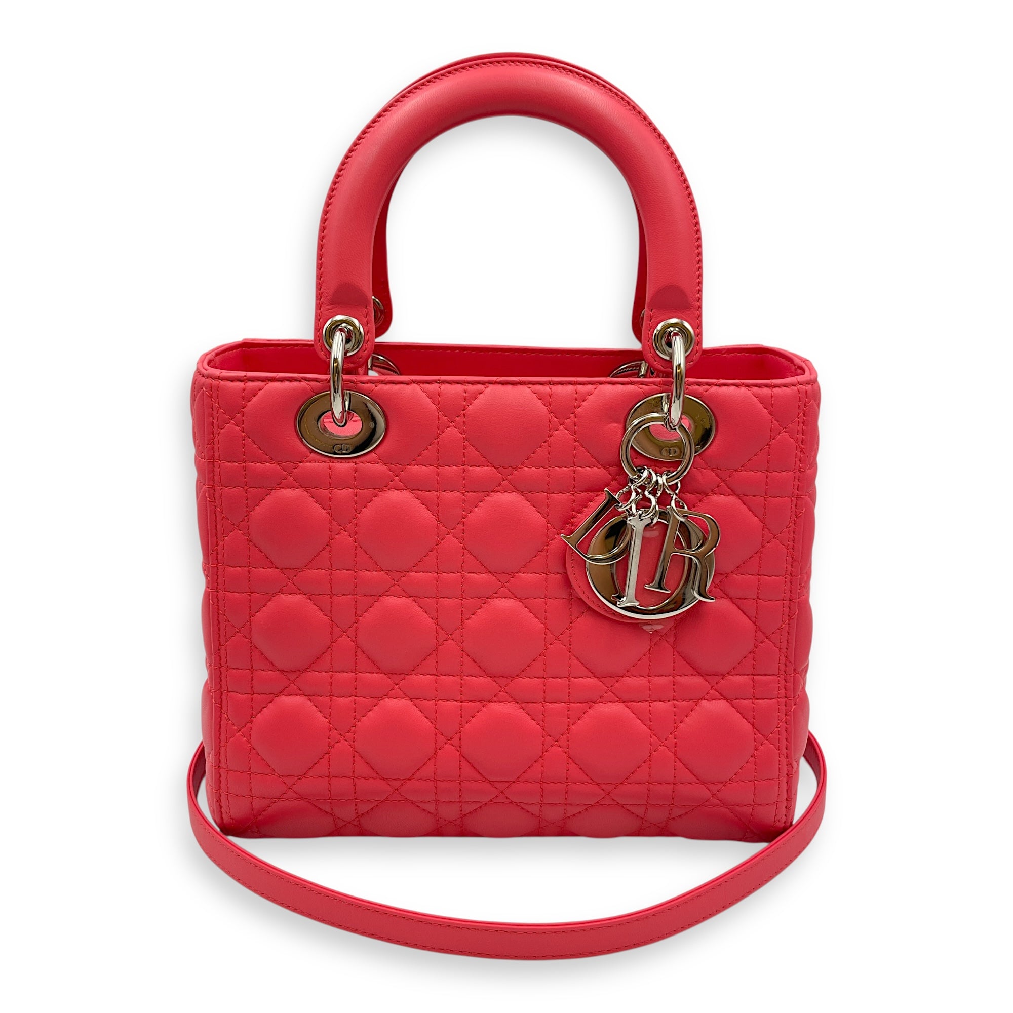 Lady Dior Medium Pink Top Handle Bag in Lambskin, Silver hardware