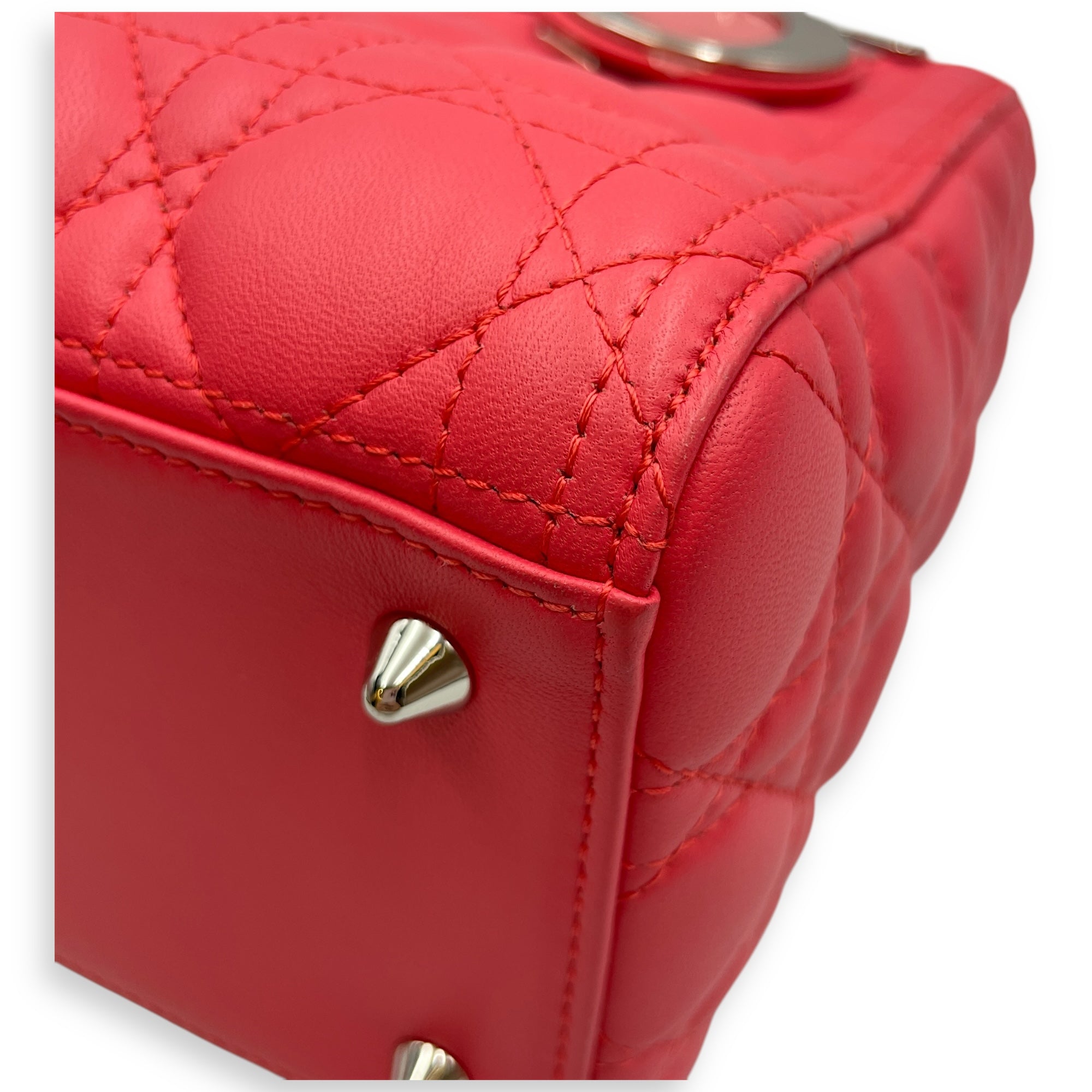 Lady Dior Medium Pink Top Handle Bag in Lambskin, Silver hardware