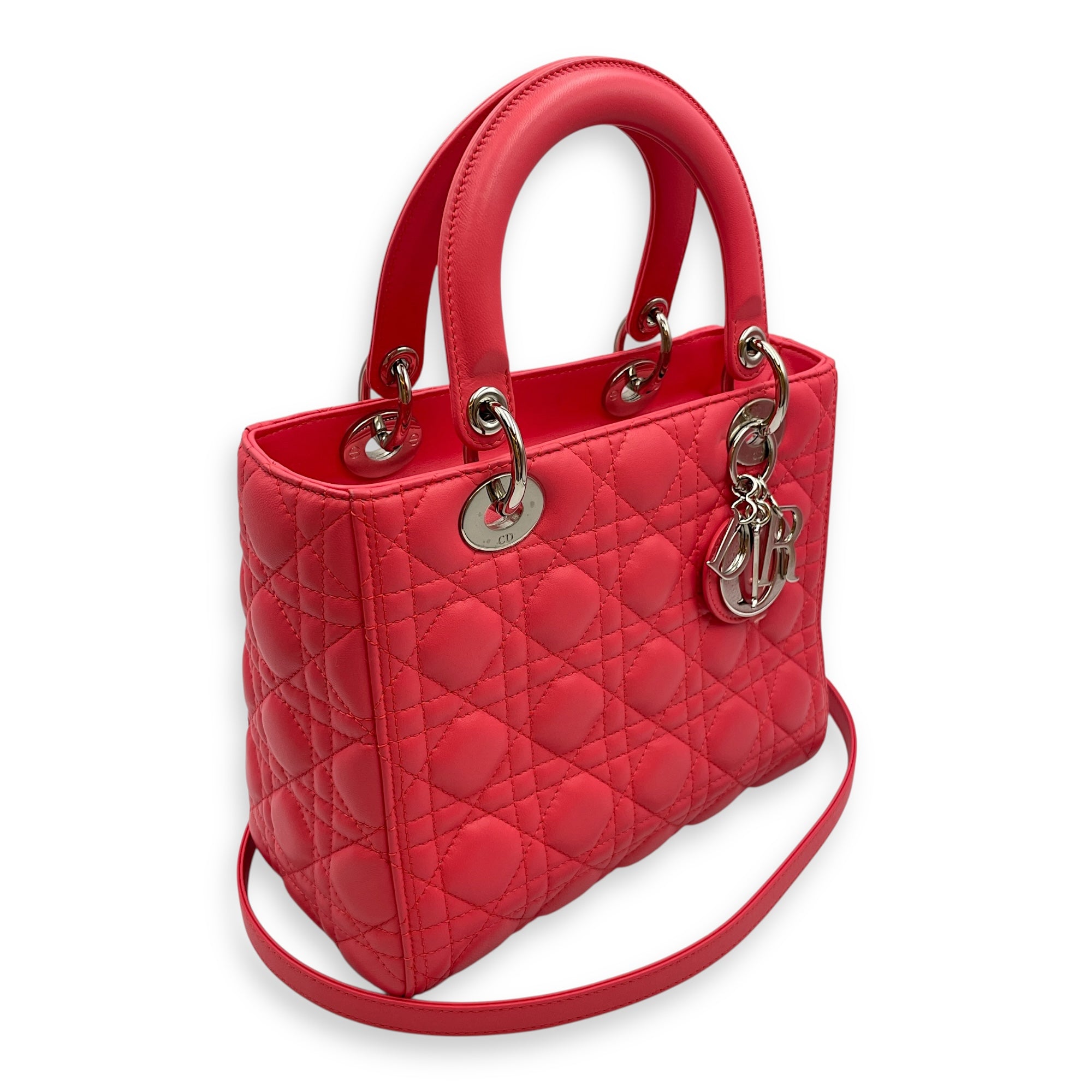 Lady Dior Medium Pink Top Handle Bag in Lambskin, Silver hardware