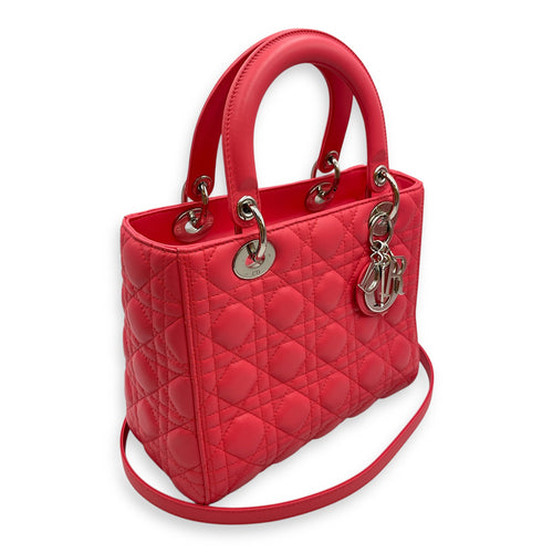 Lady Dior Medium Pink Top Handle Bag in Lambskin, Silver hardware
