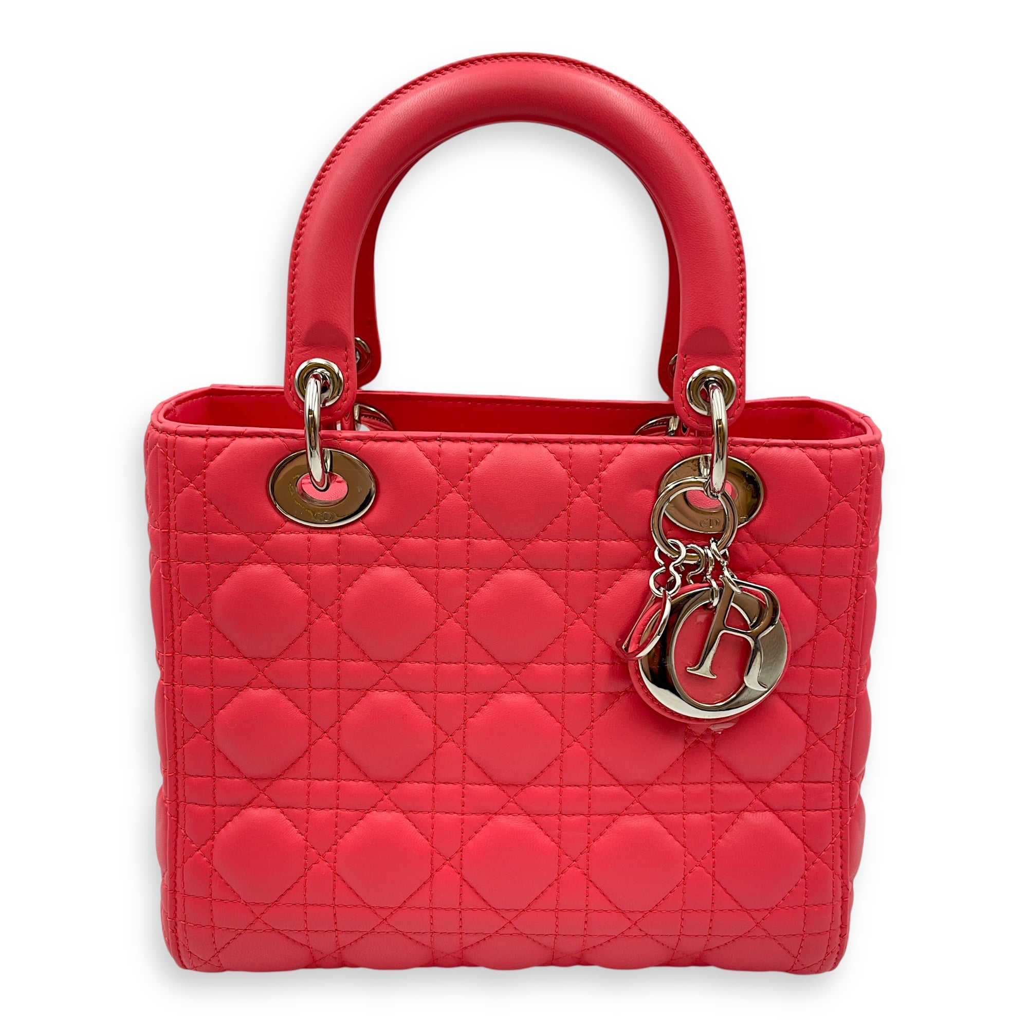 Lady Dior Medium Pink Top Handle Bag in Lambskin, Silver hardware
