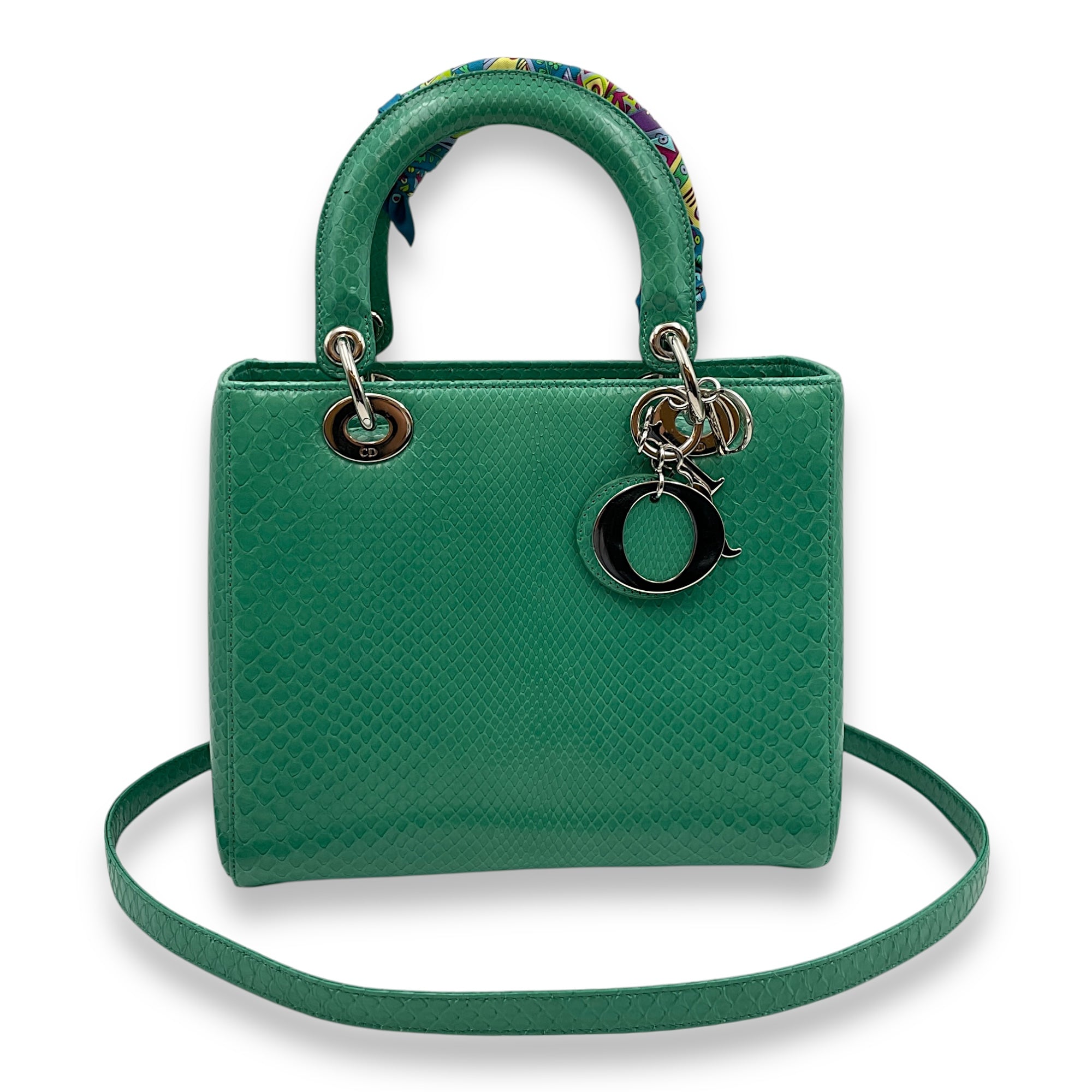 Lady Dior Medium Green Top Handle Bag in Python, Silver hardware