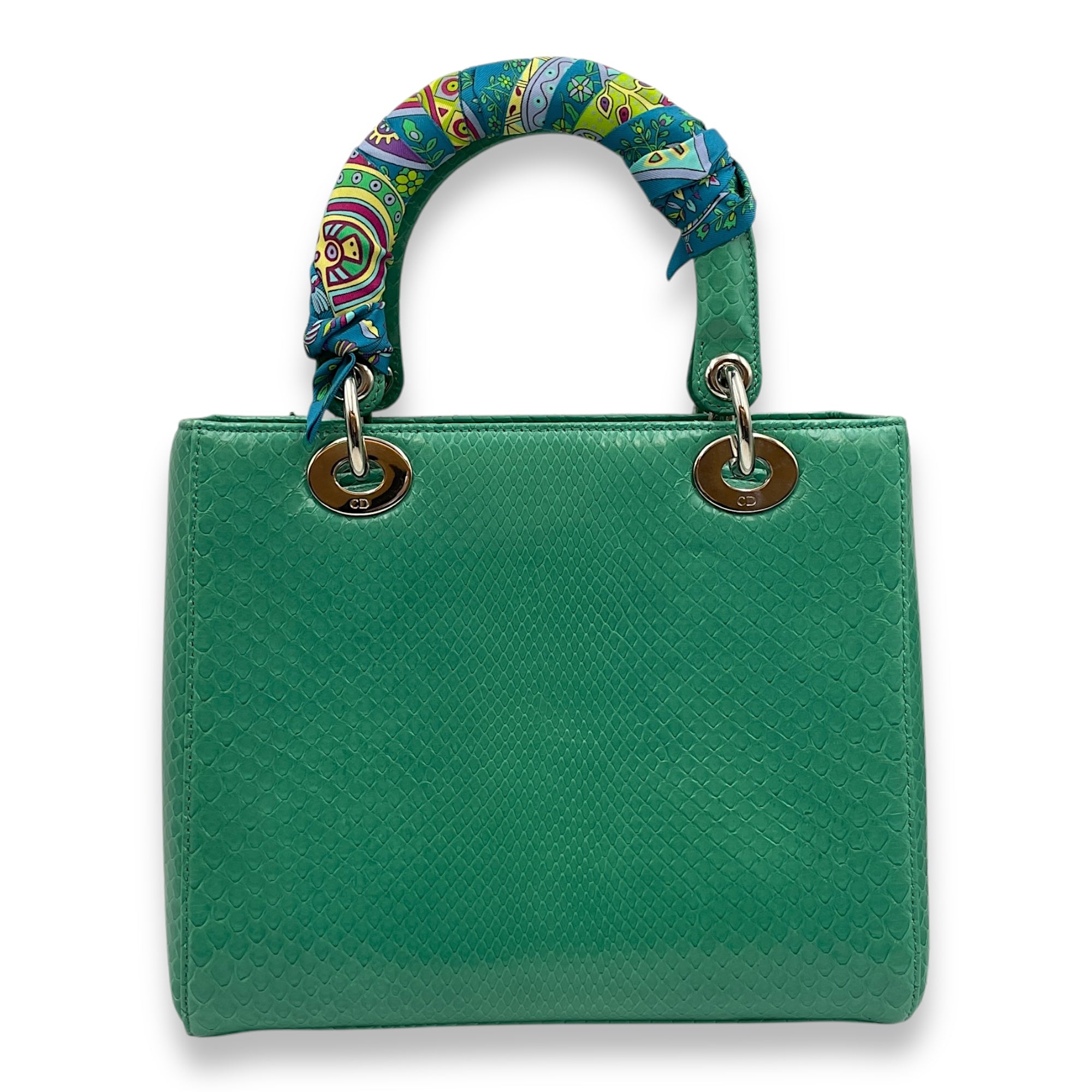 Lady Dior Medium Green Top Handle Bag in Python, Silver hardware