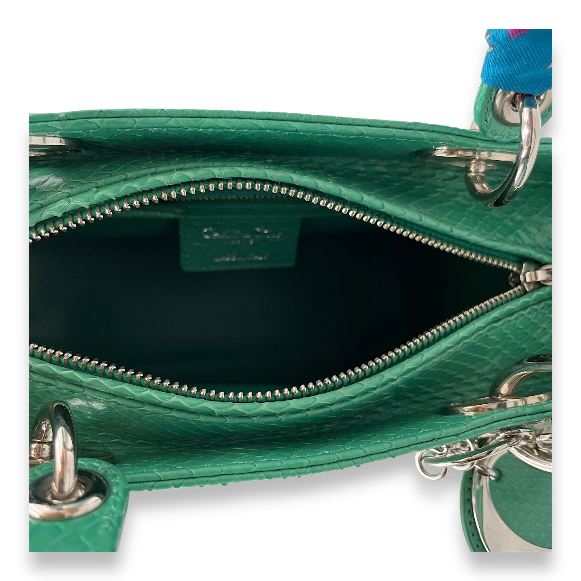 Lady Dior Medium Green Top Handle Bag in Python, Silver hardware