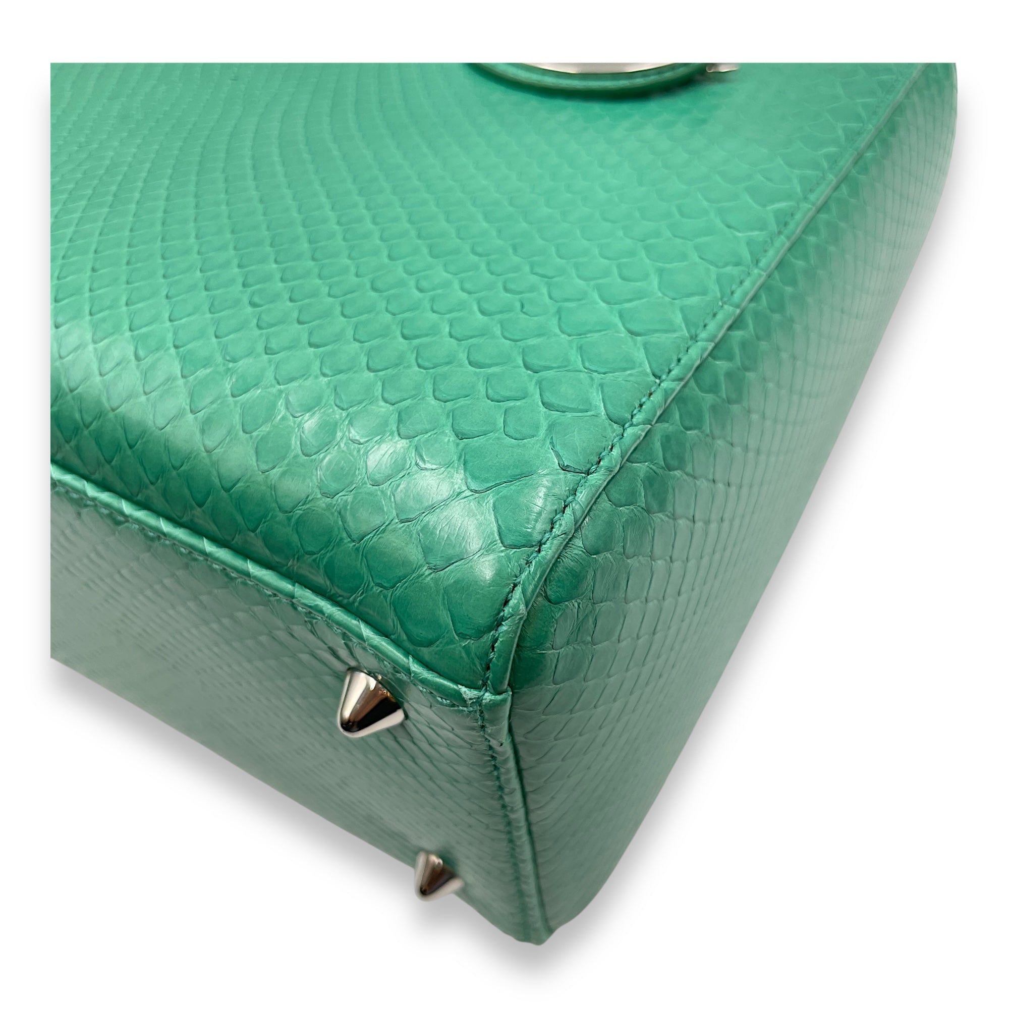 Lady Dior Medium Green Top Handle Bag in Python, Silver hardware