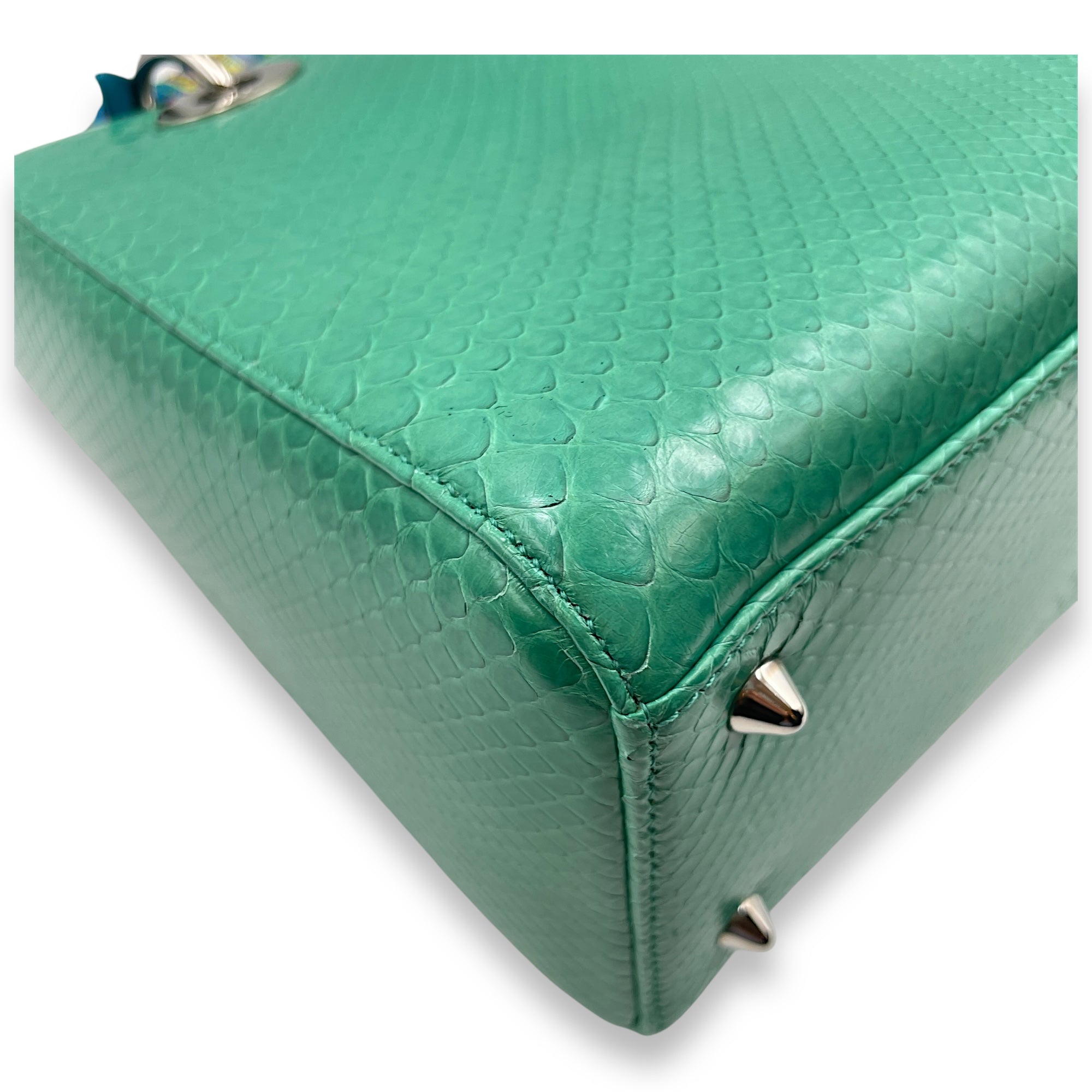 Lady Dior Medium Green Top Handle Bag in Python, Silver hardware