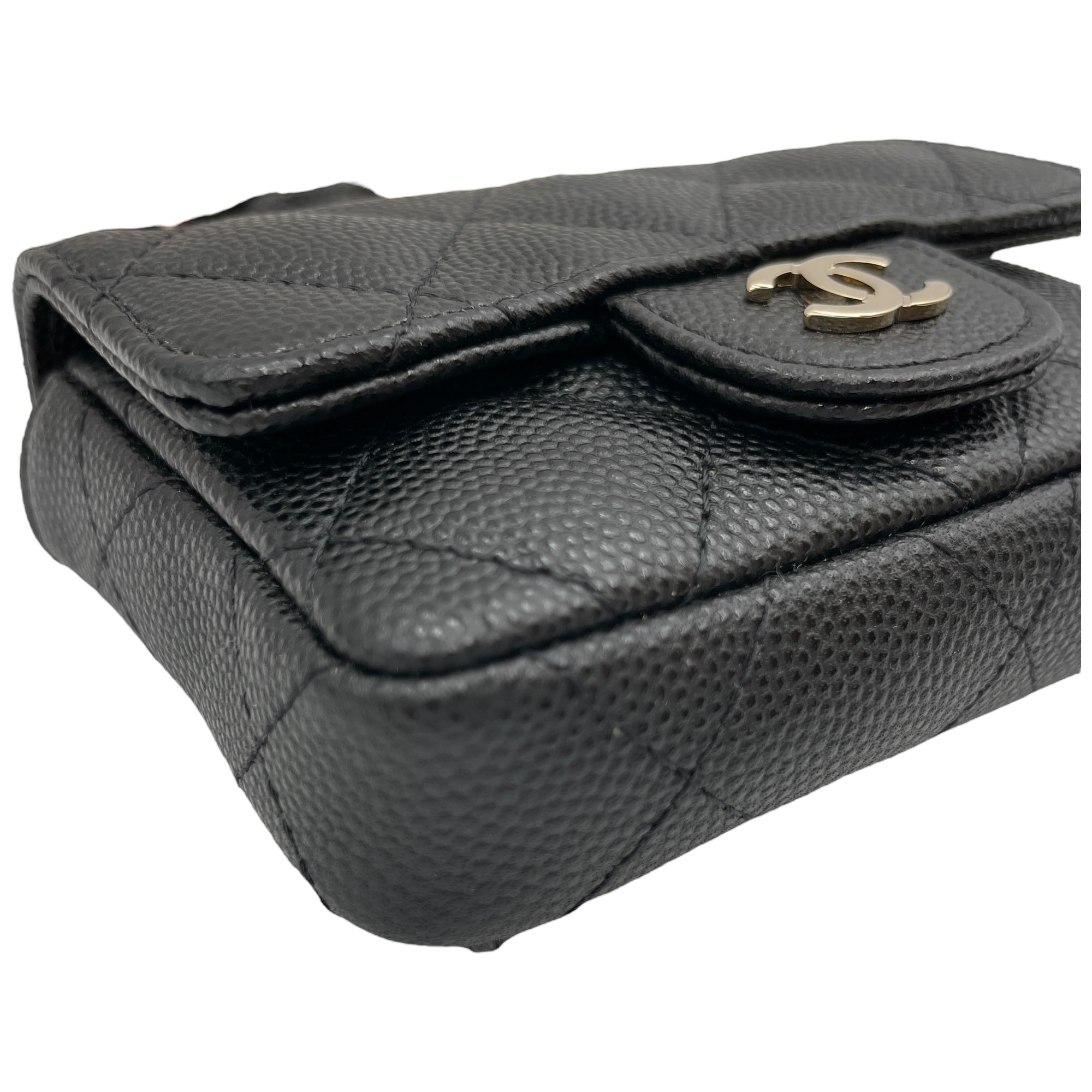 Classic Flap Micro Black Belt Bag with Chain in Caviar Leather, Gold hardware