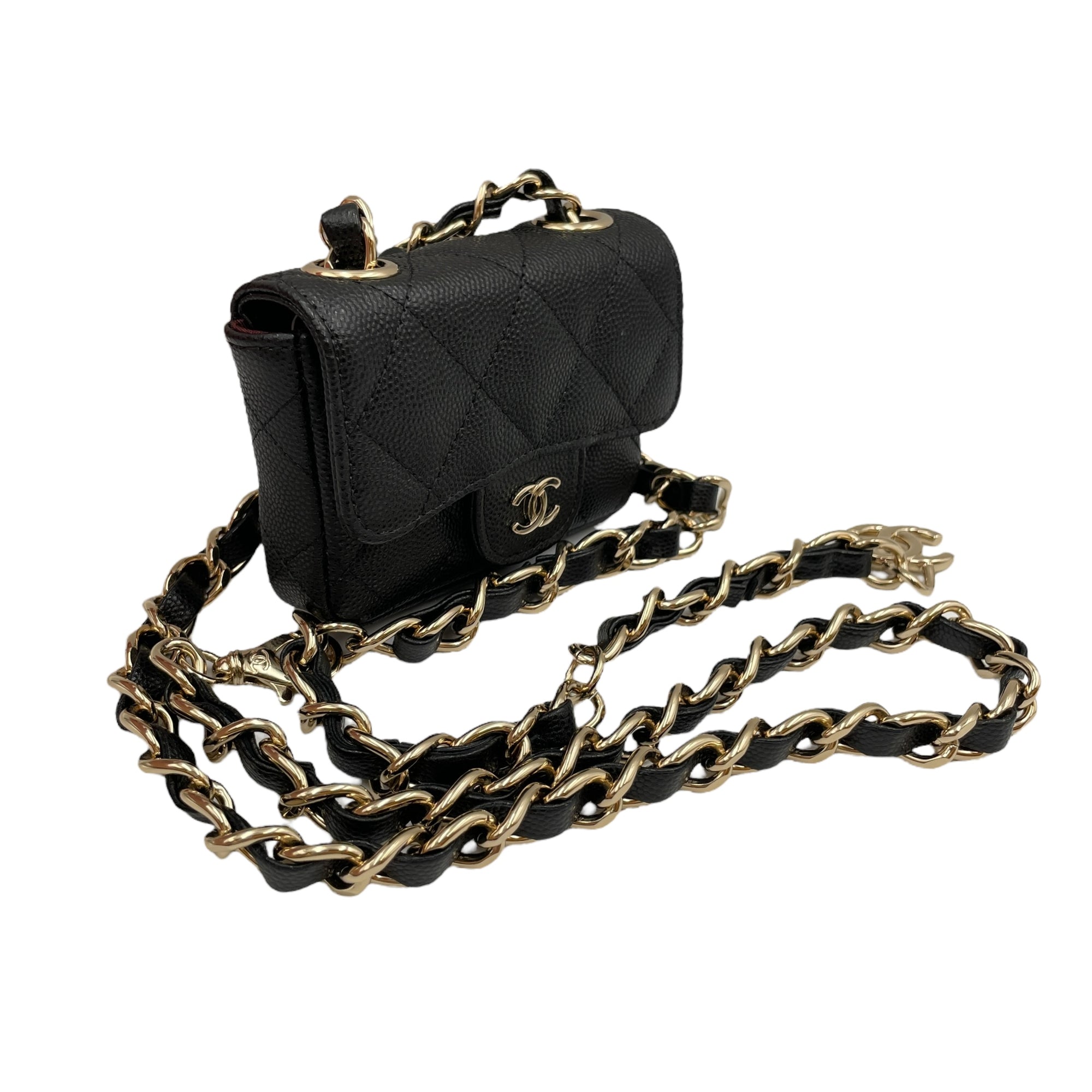 Classic Flap Micro Black Belt Bag with Chain in Caviar Leather, Gold hardware
