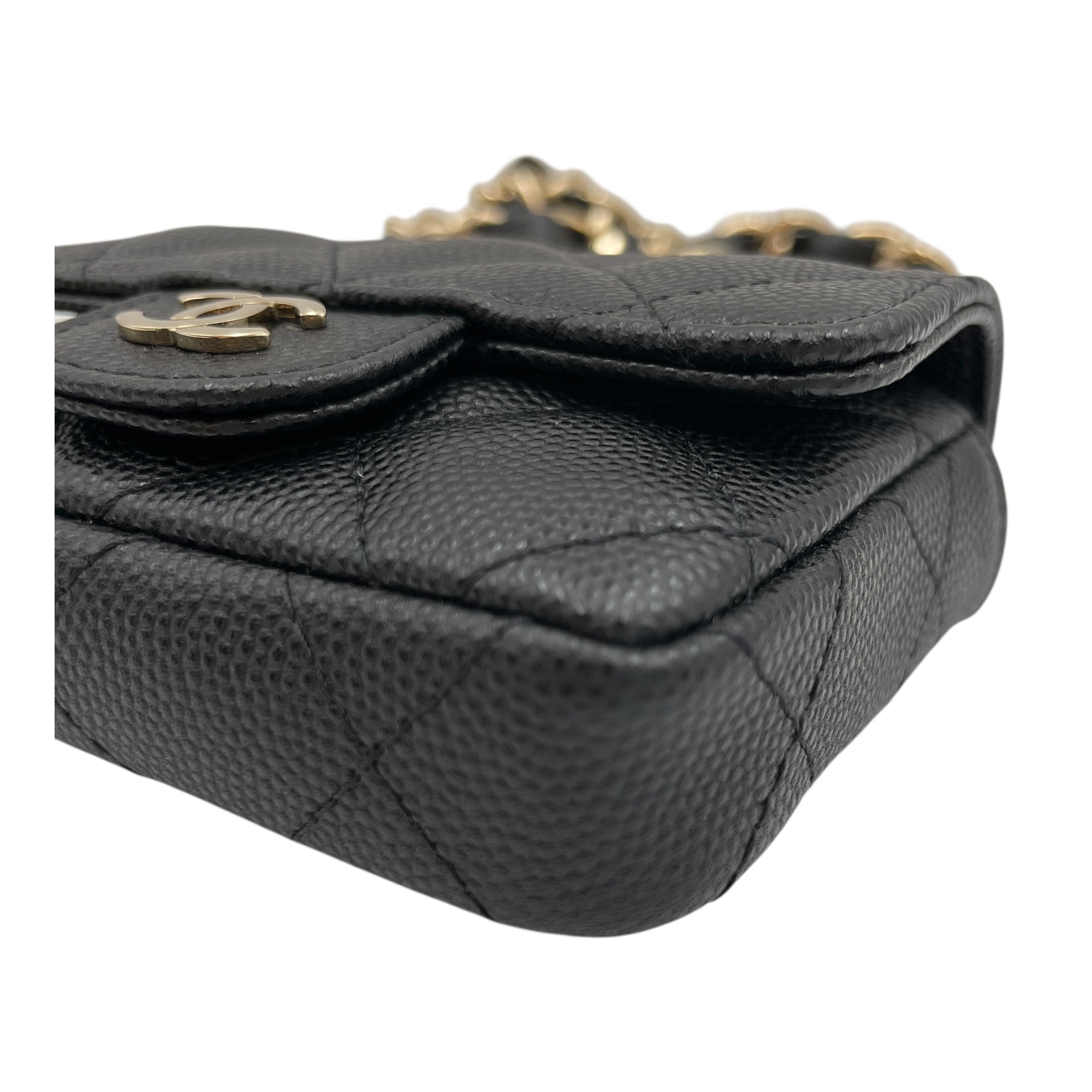 Classic Flap Micro Black Belt Bag with Chain in Caviar Leather, Gold hardware