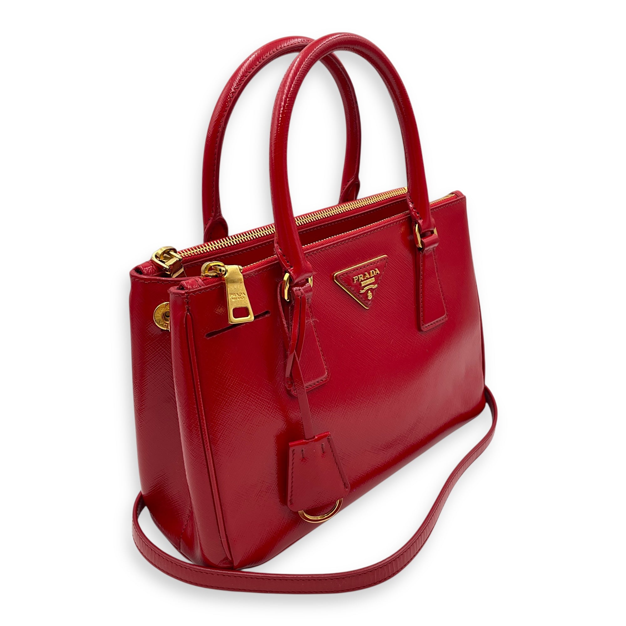 Saffiano Red Top Handle Bag in Saffiano, Gold hardware