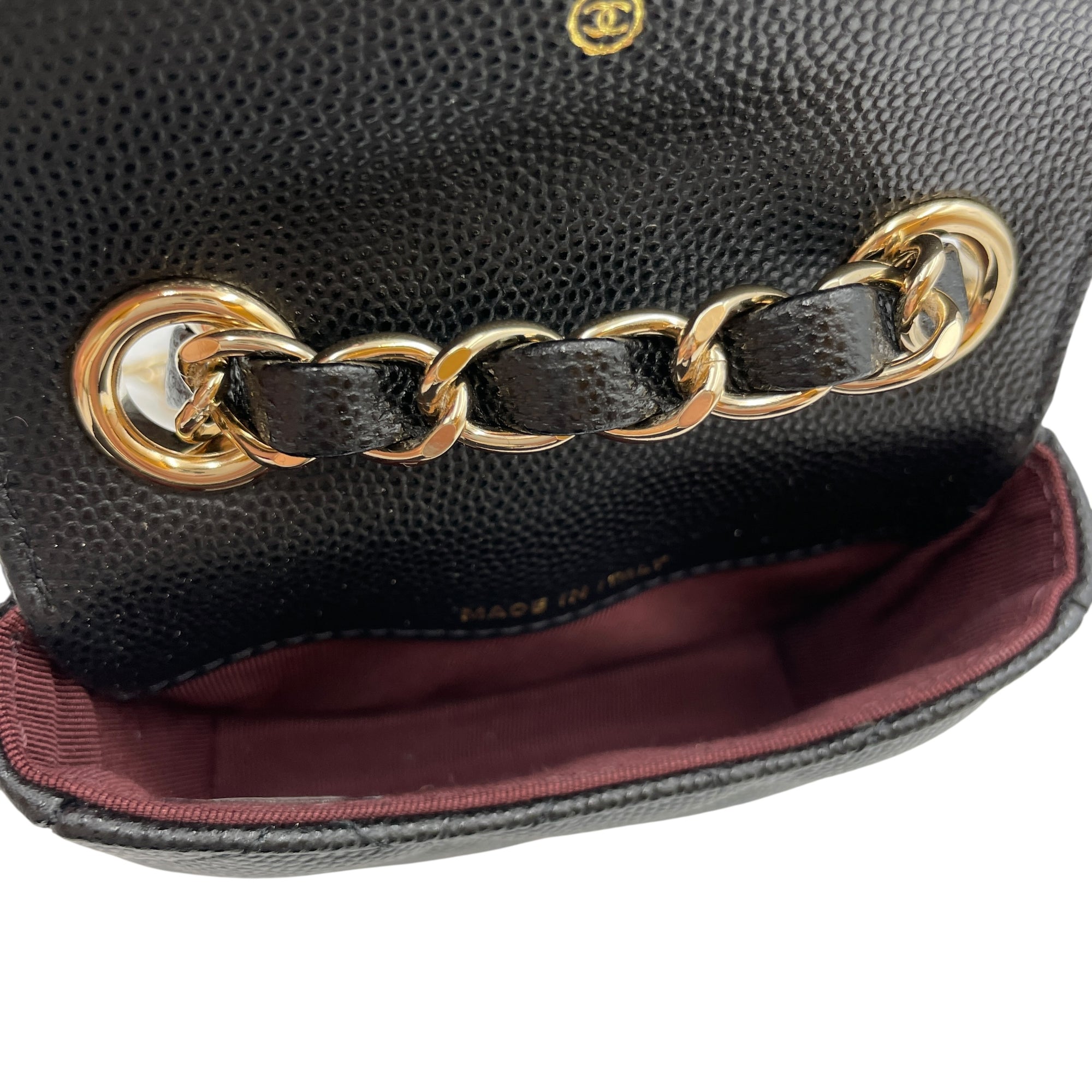 Classic Flap Micro Black Belt Bag with Chain in Caviar Leather, Gold hardware
