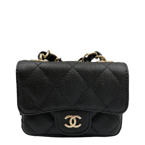 Classic Flap Micro Black Belt Bag with Chain in Caviar Leather, Gold hardware