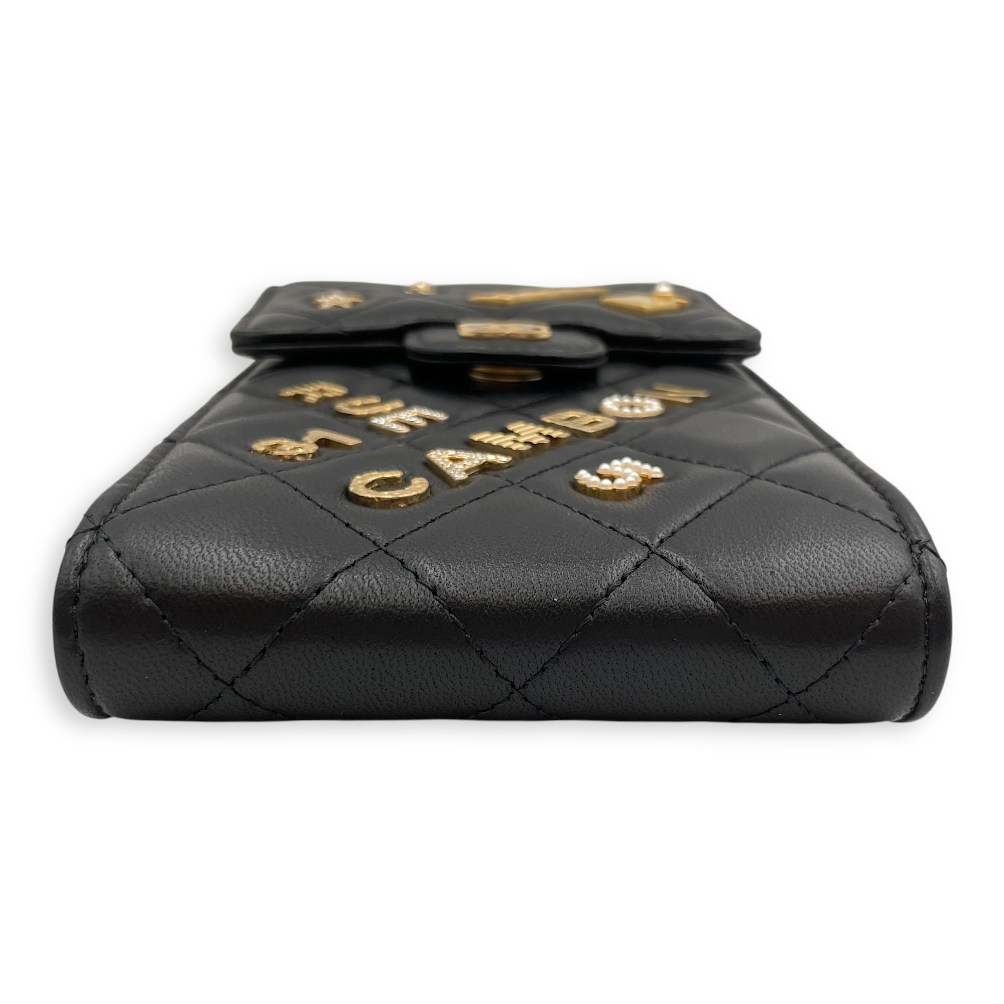 Rue Cambon Black Phone Holder with Chain in Lambskin, Gold hardware