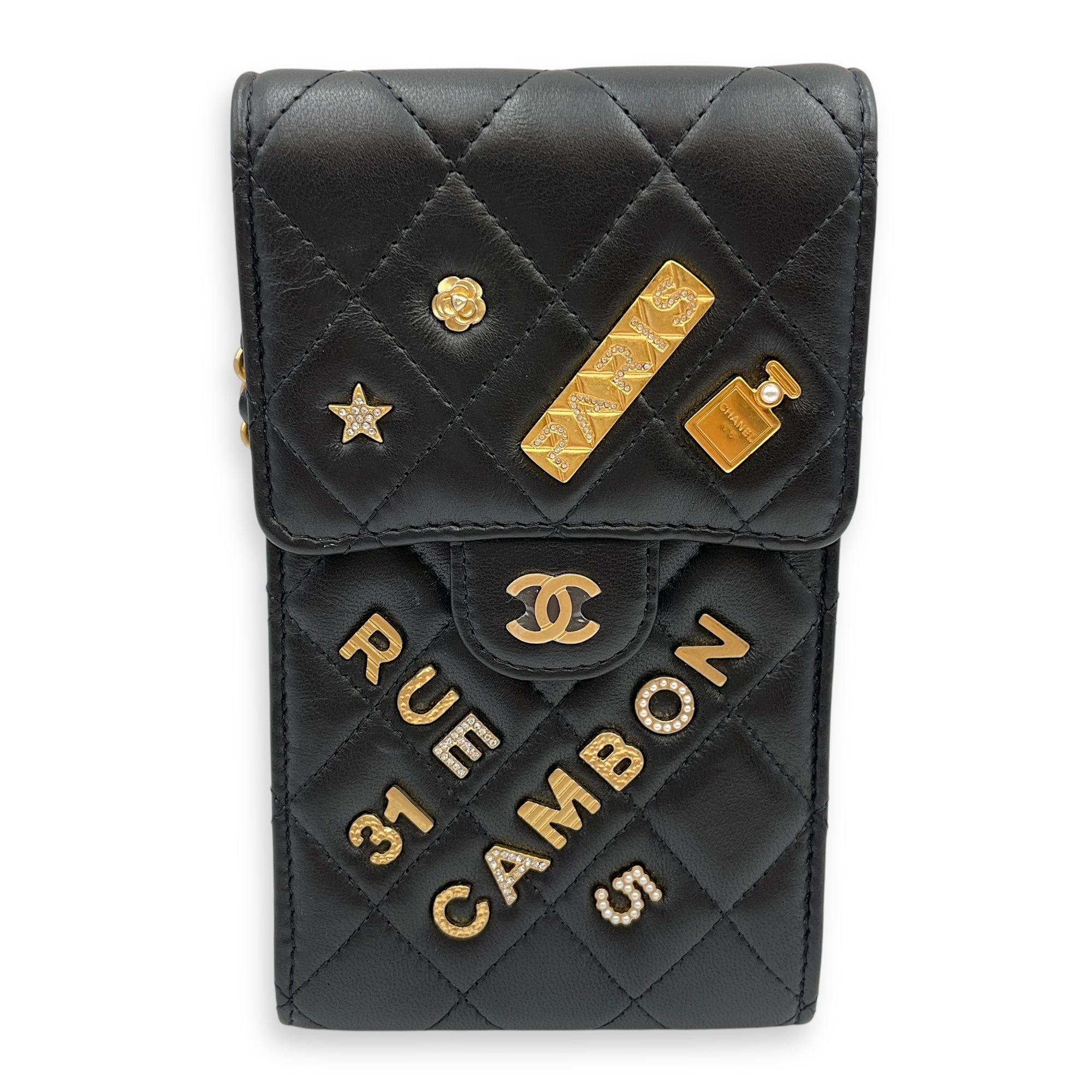 Rue Cambon Black Phone Holder with Chain in Lambskin, Gold hardware