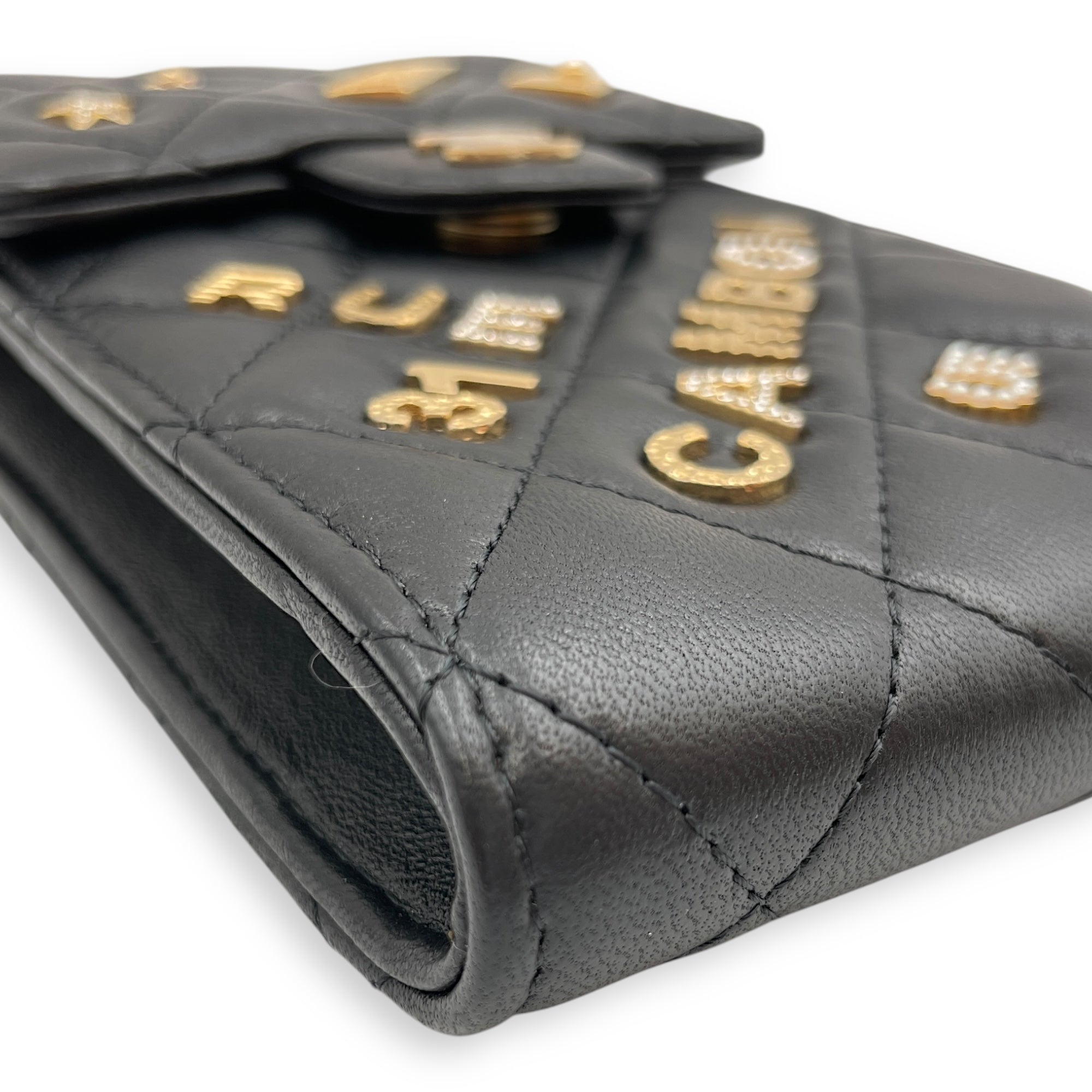 Rue Cambon Black Phone Holder with Chain in Lambskin, Gold hardware